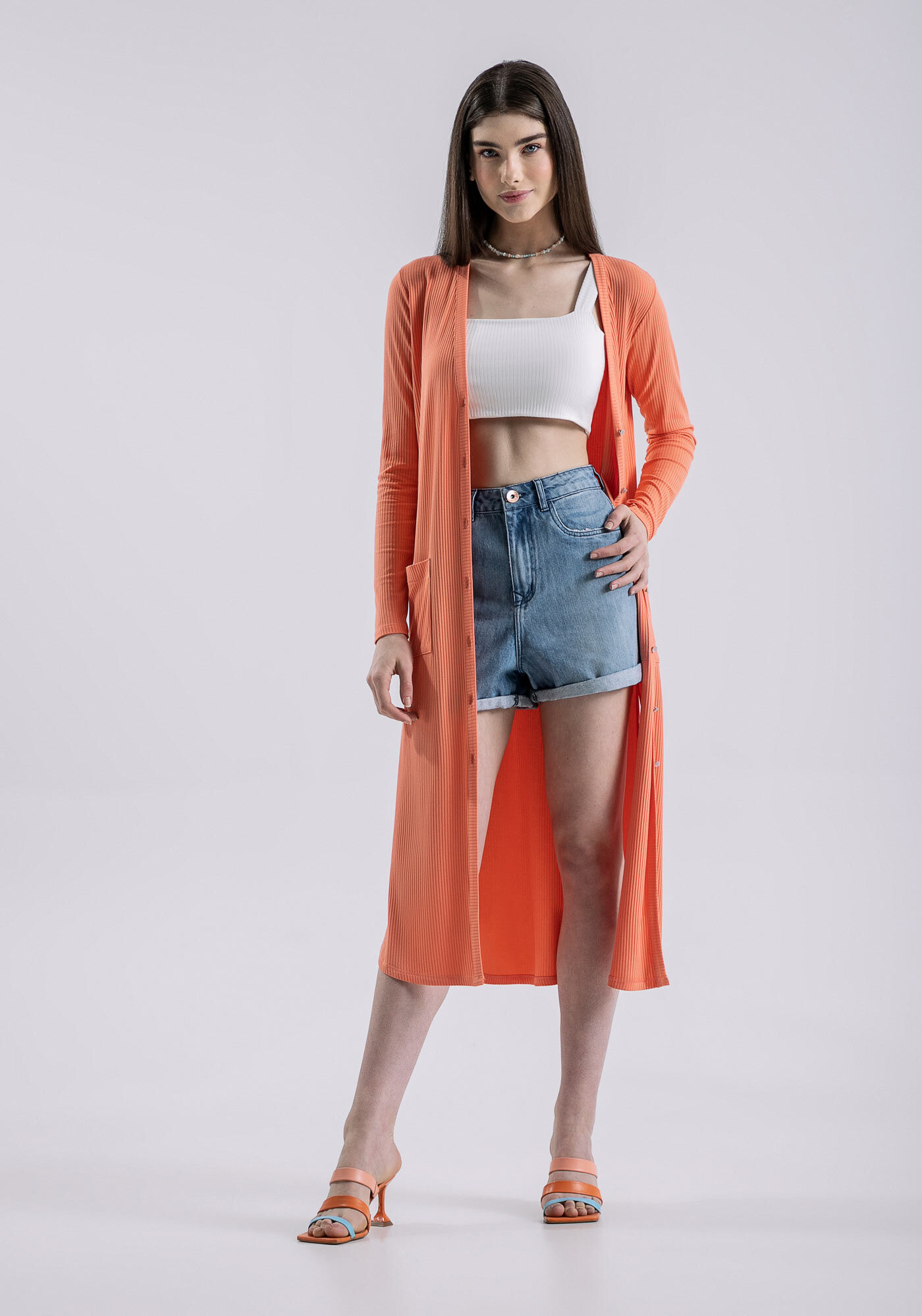 Cardigan Longo Canelado com Bolsos, , large.