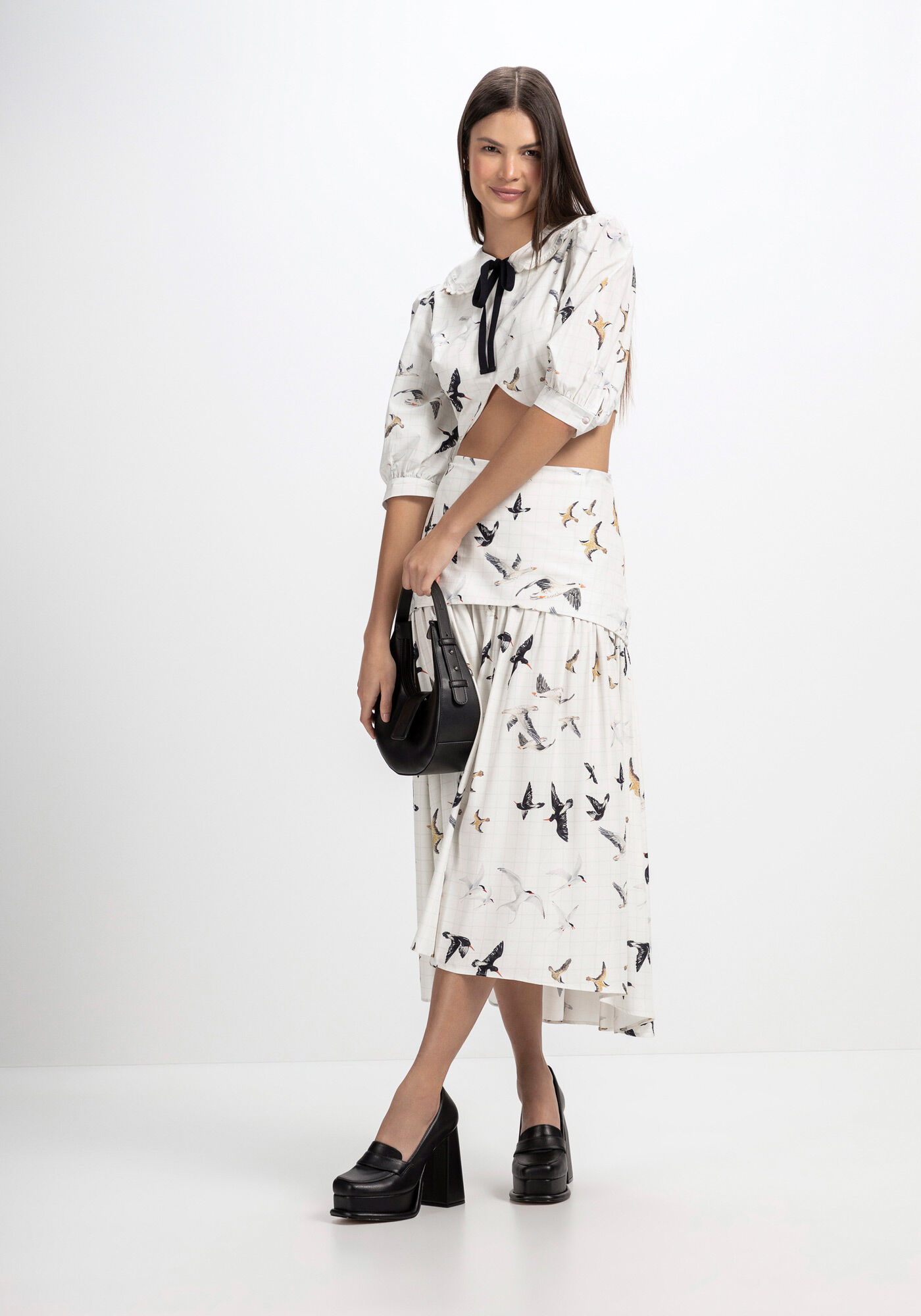 Saia Midi Estampada em Crepe com Sobreposi&ccedil;&atilde;o, PASSAROS, large.