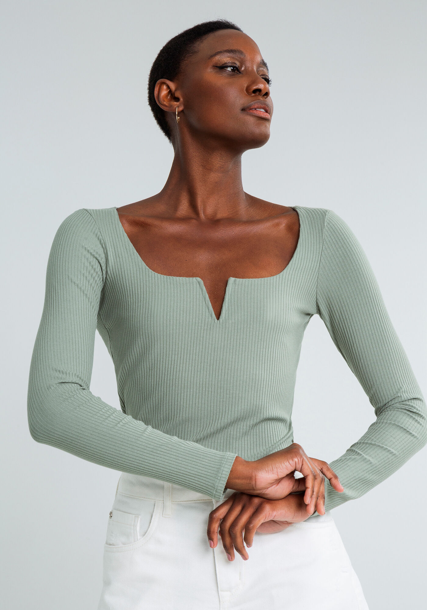 Blusa Manga Longa Recorte V Decote, VERDE, large.