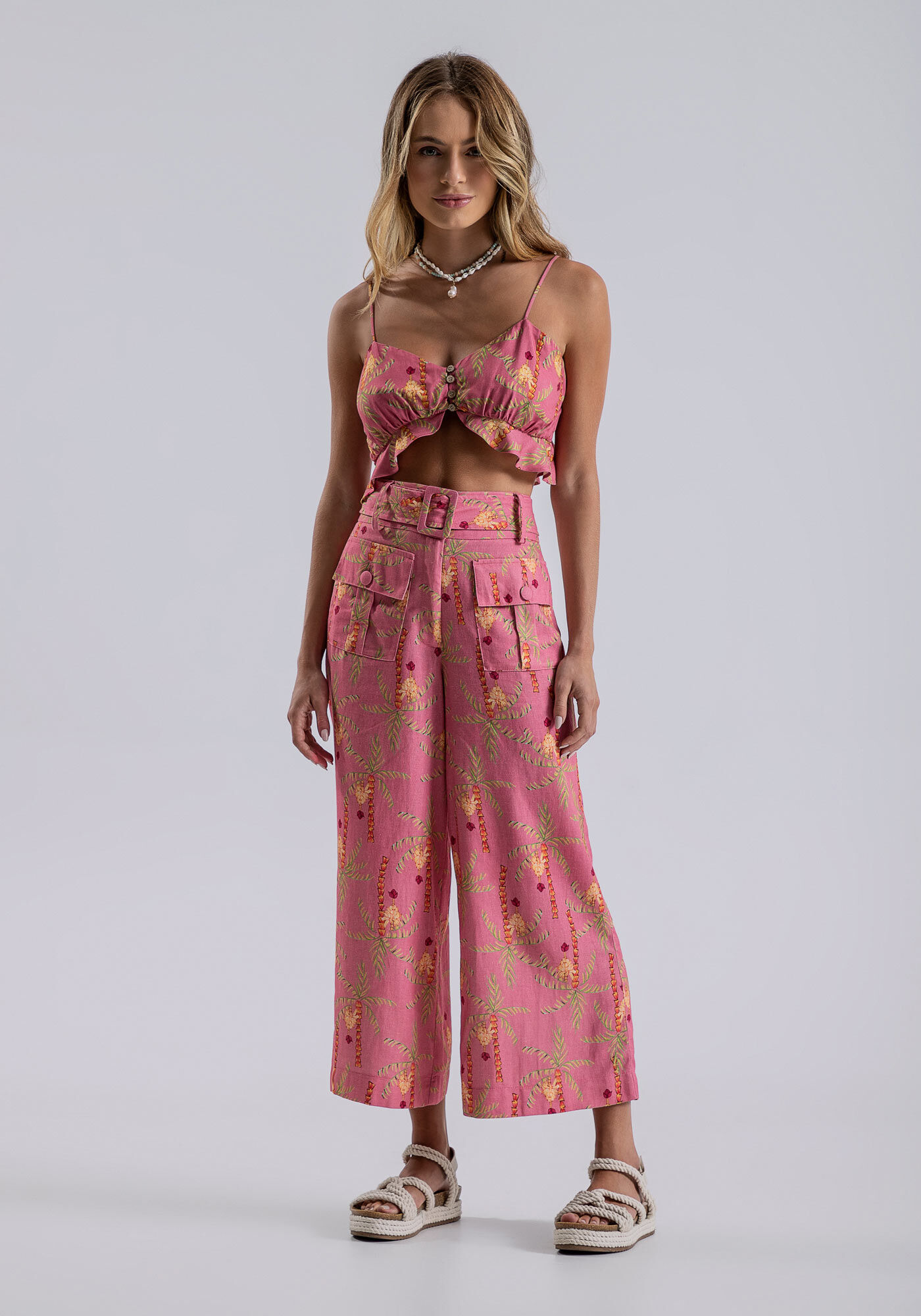 Cal&ccedil;a Pantacourt Linho com Bolsos e Cinto, TROPICALIA, large.