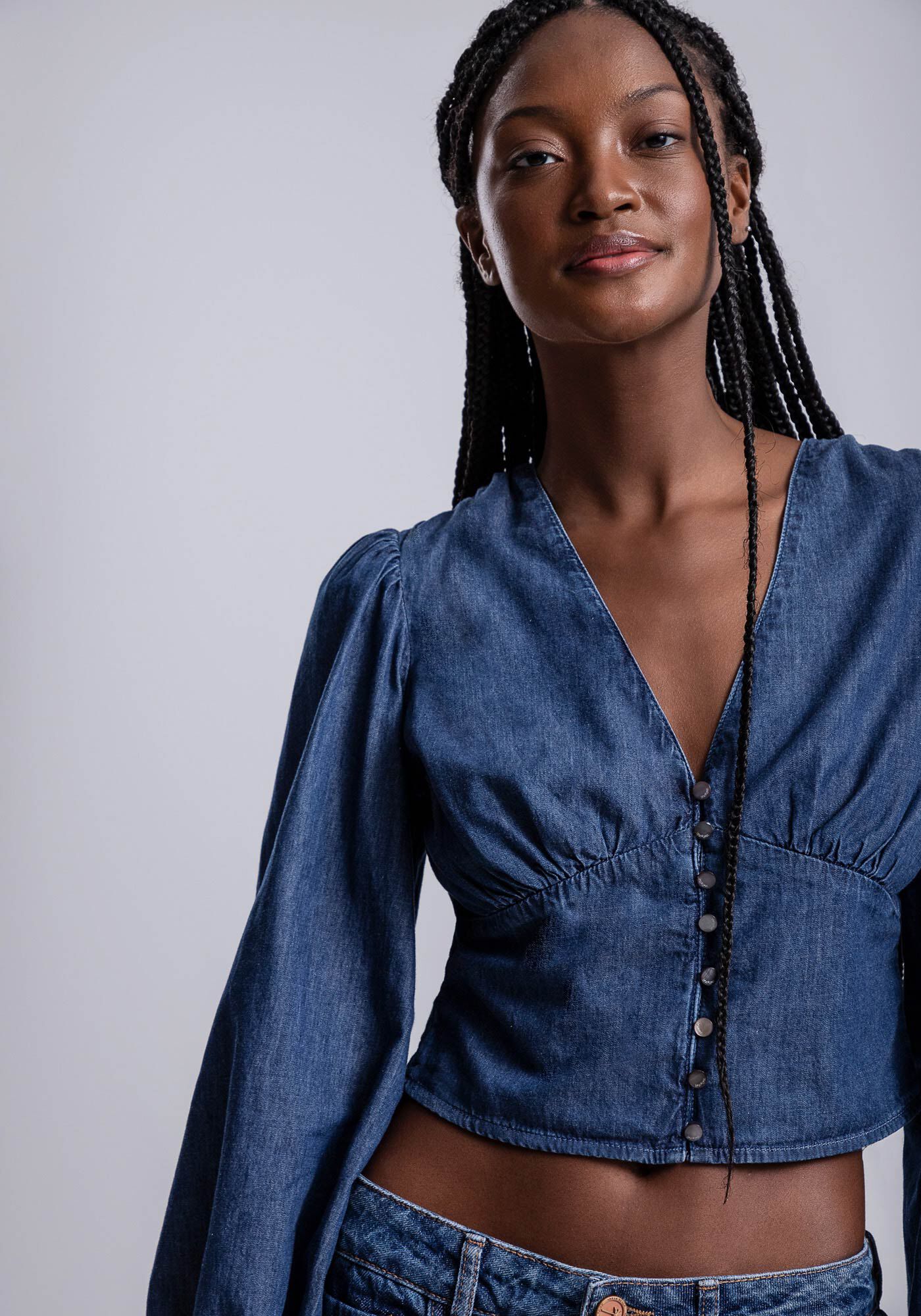 Camisa Jeans Manga Longa com Babado, , large.