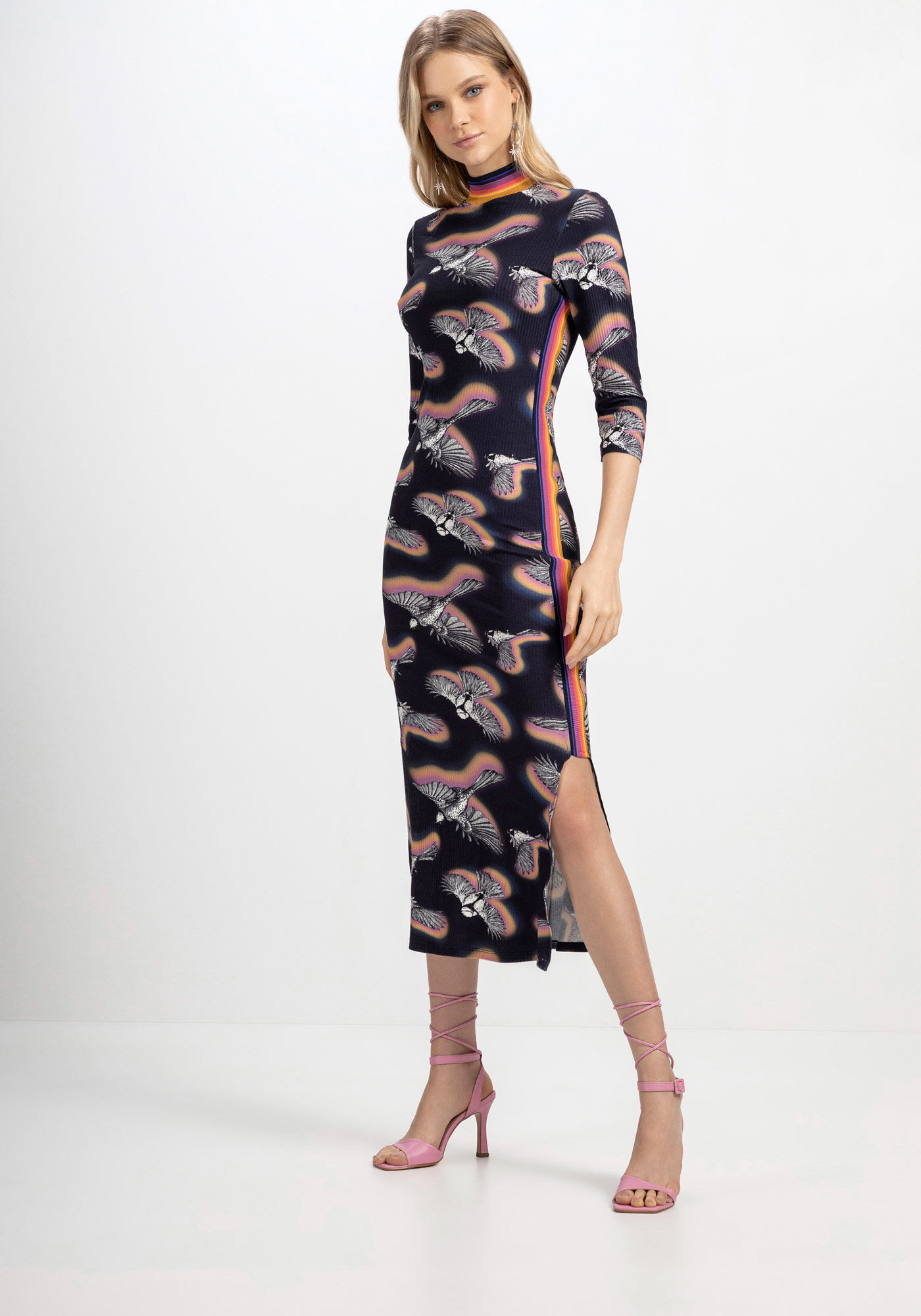 Vestido Midi Canelado Gola Alta com Manga 3/4, FREEDOM, large.