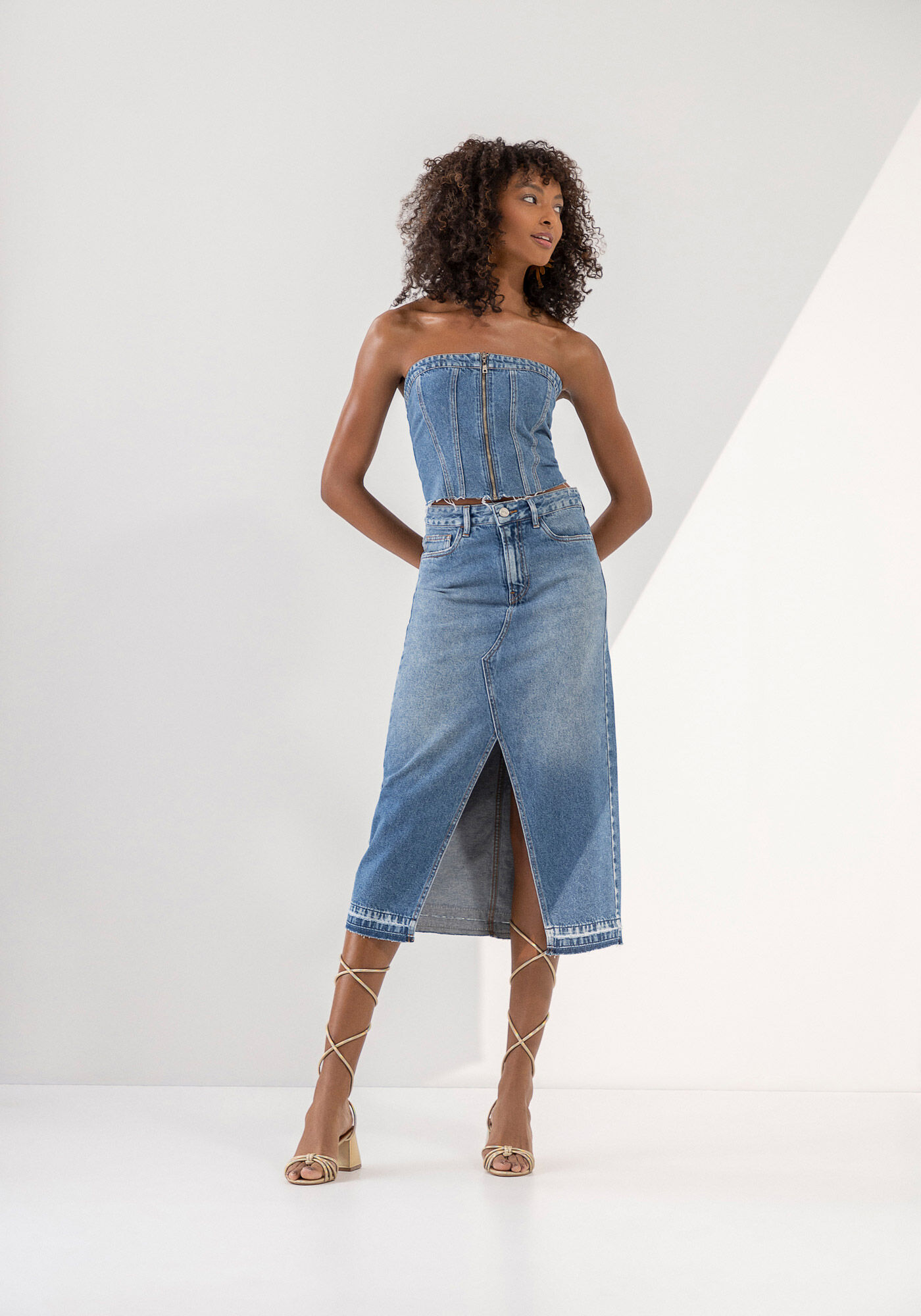 Blusa Jeans Corset sem Al as com Lastex Lez a Lez