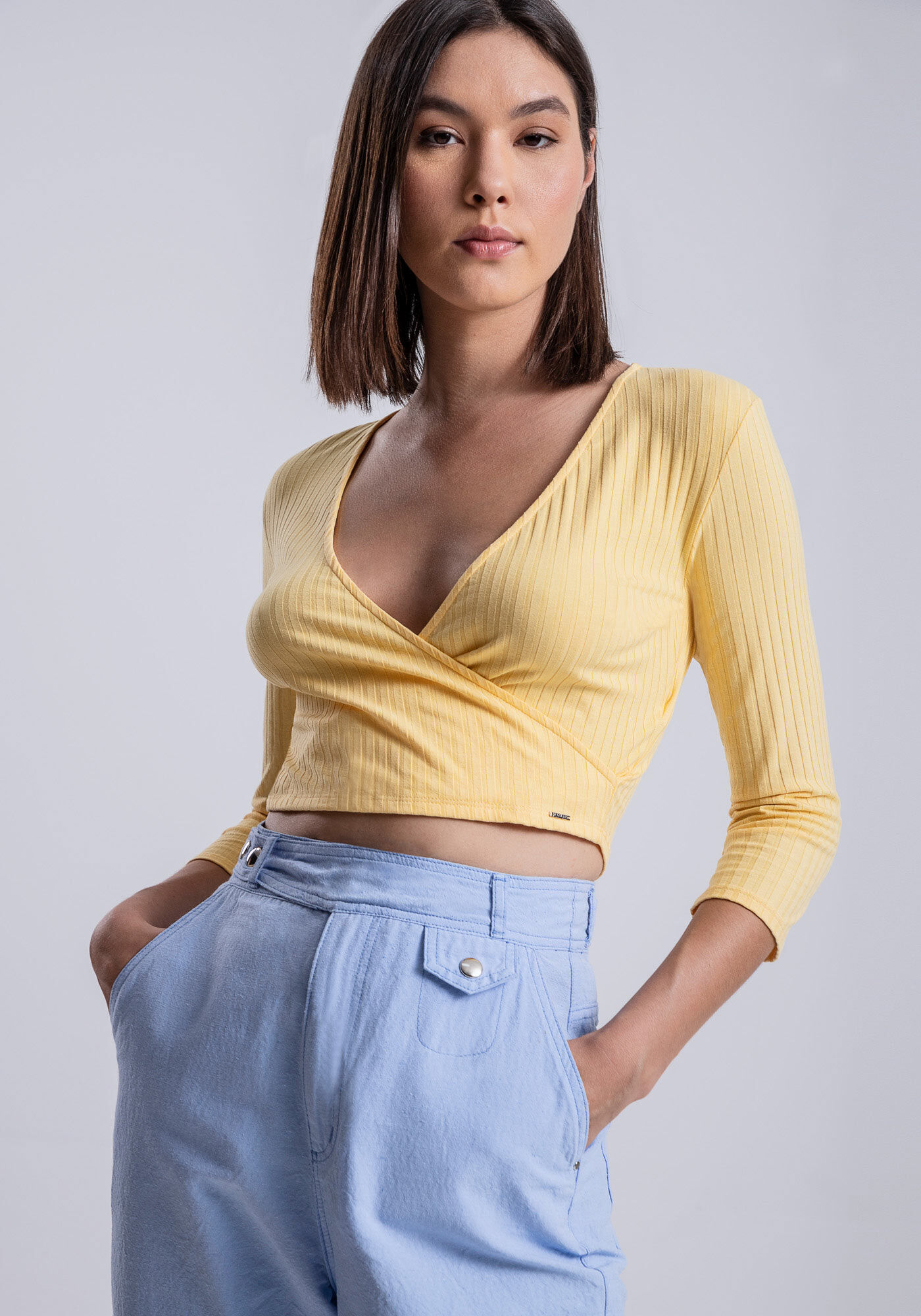 Blusa Manga 3/4 Canelada com Transpasse, , large.