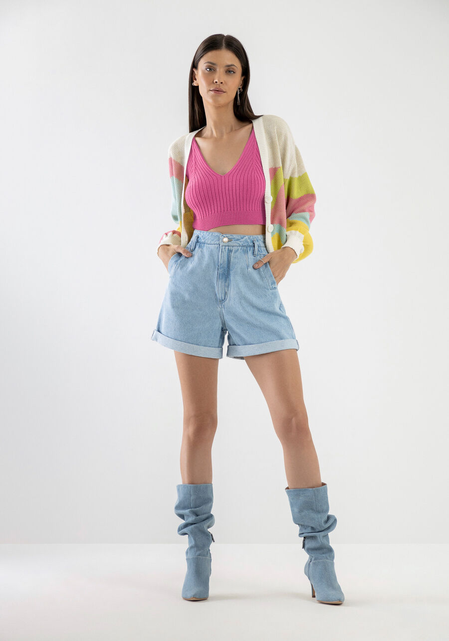 Shorts Jeans Mom com Detalhe Bolsos, JEANS. Shorts Jeans Mom com Detalhe Bolsos, JEANS, large.