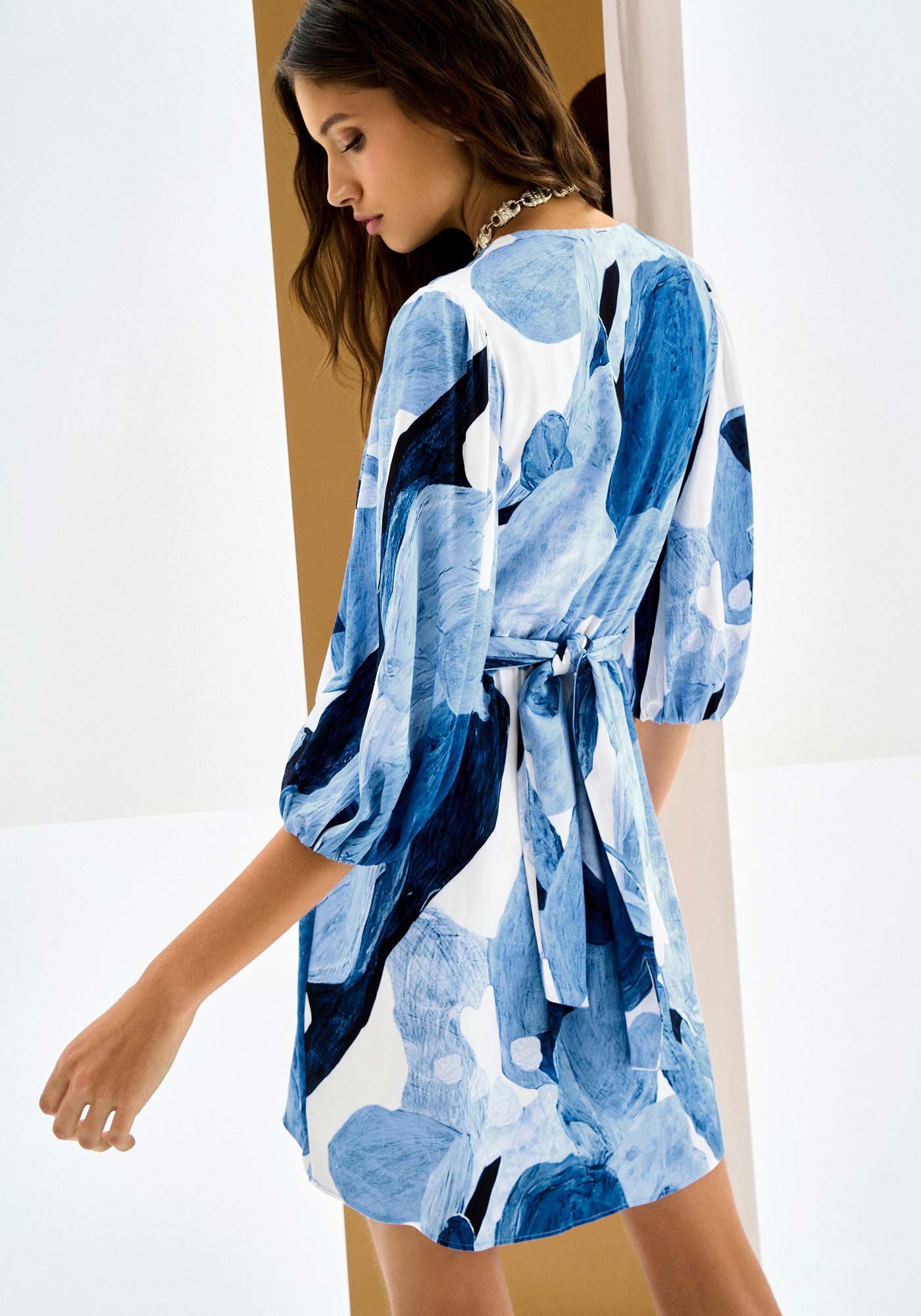 Vestido Curto Estampado com Transpasse Cintura, , large.