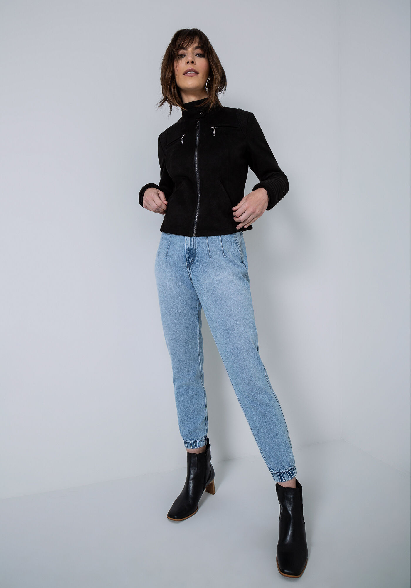 Jaqueta em Tecido com Z&iacute;per e Costuras, PRETO REATIVO, large.