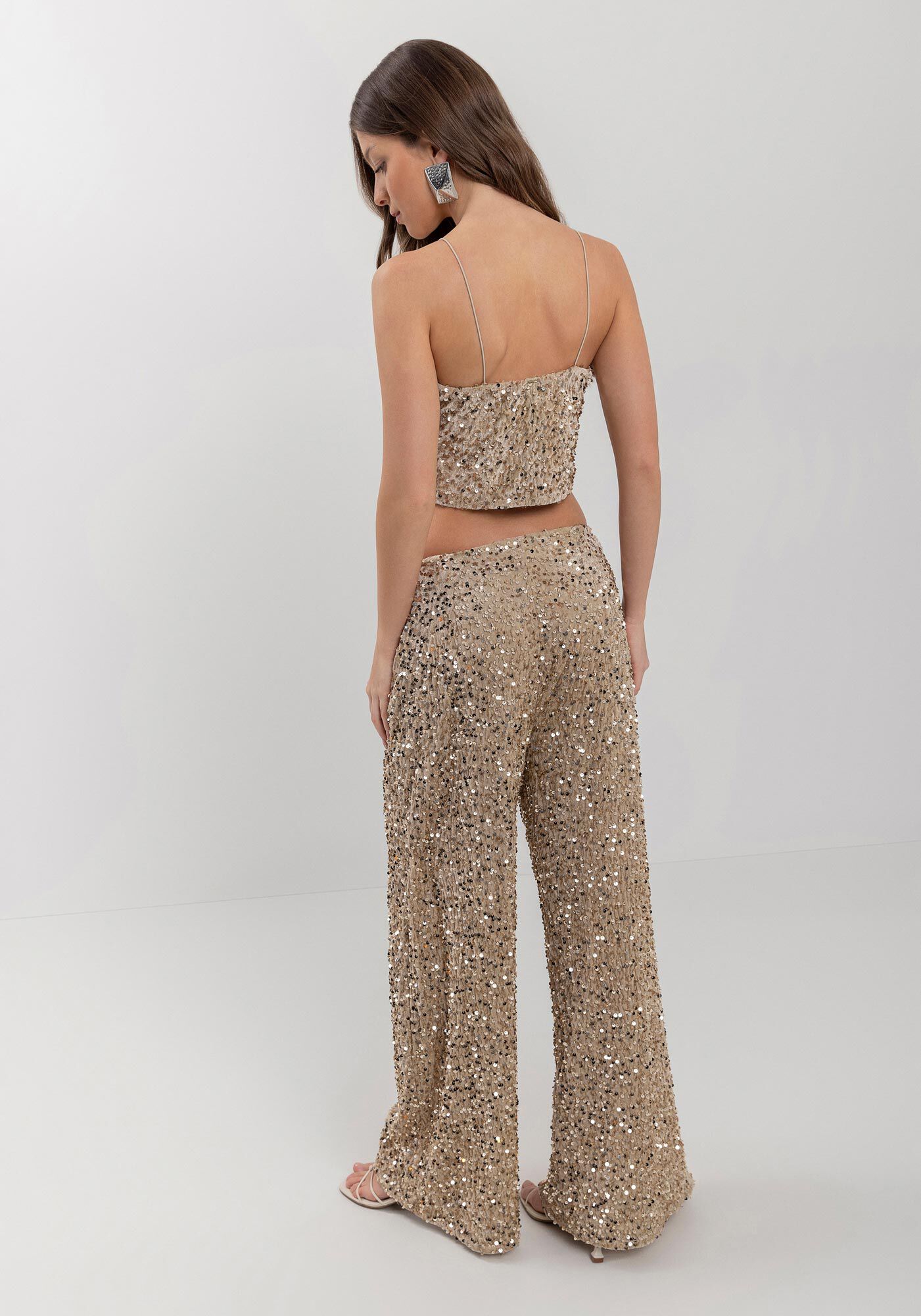 Cal&ccedil;a Pantalona Em Malha De Veludo Com Paet&ecirc;s, BEGE CENTURY, large.