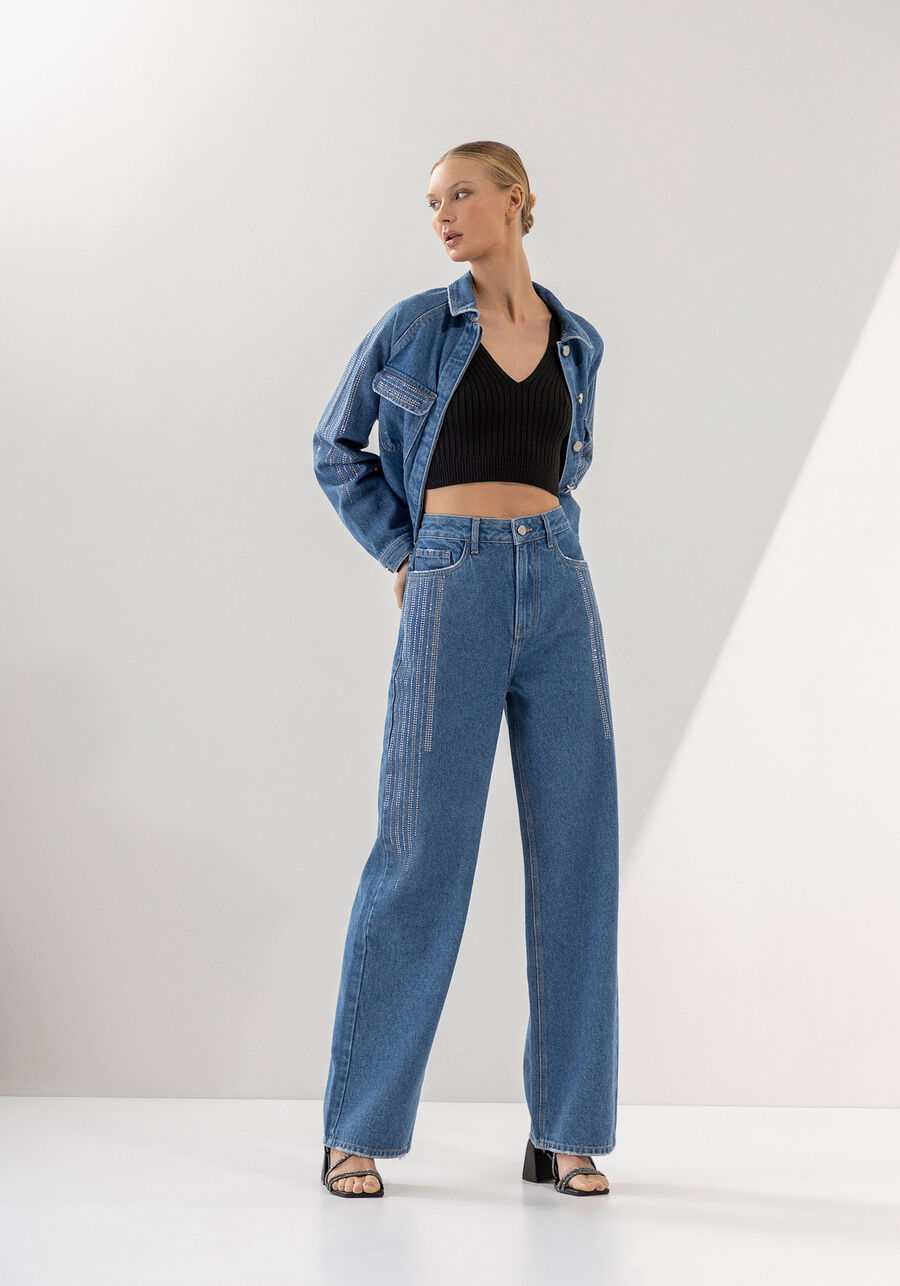 Calça Jeans Reta Super Alta com Strass, JEANS. Calça Jeans Reta Super Alta com Strass, JEANS, large.