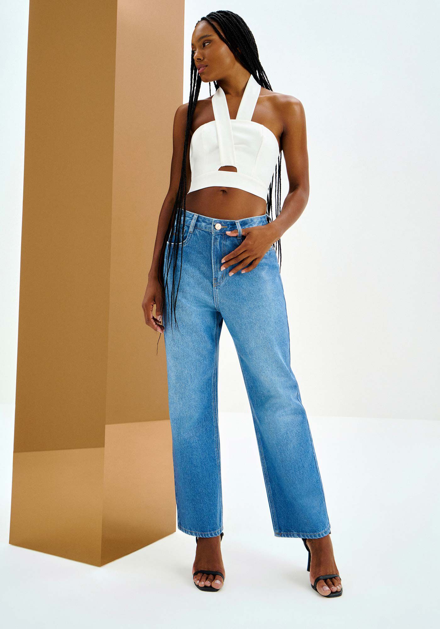 Cal&ccedil;a Jeans Reta Cintura Alta Cropped, , large.