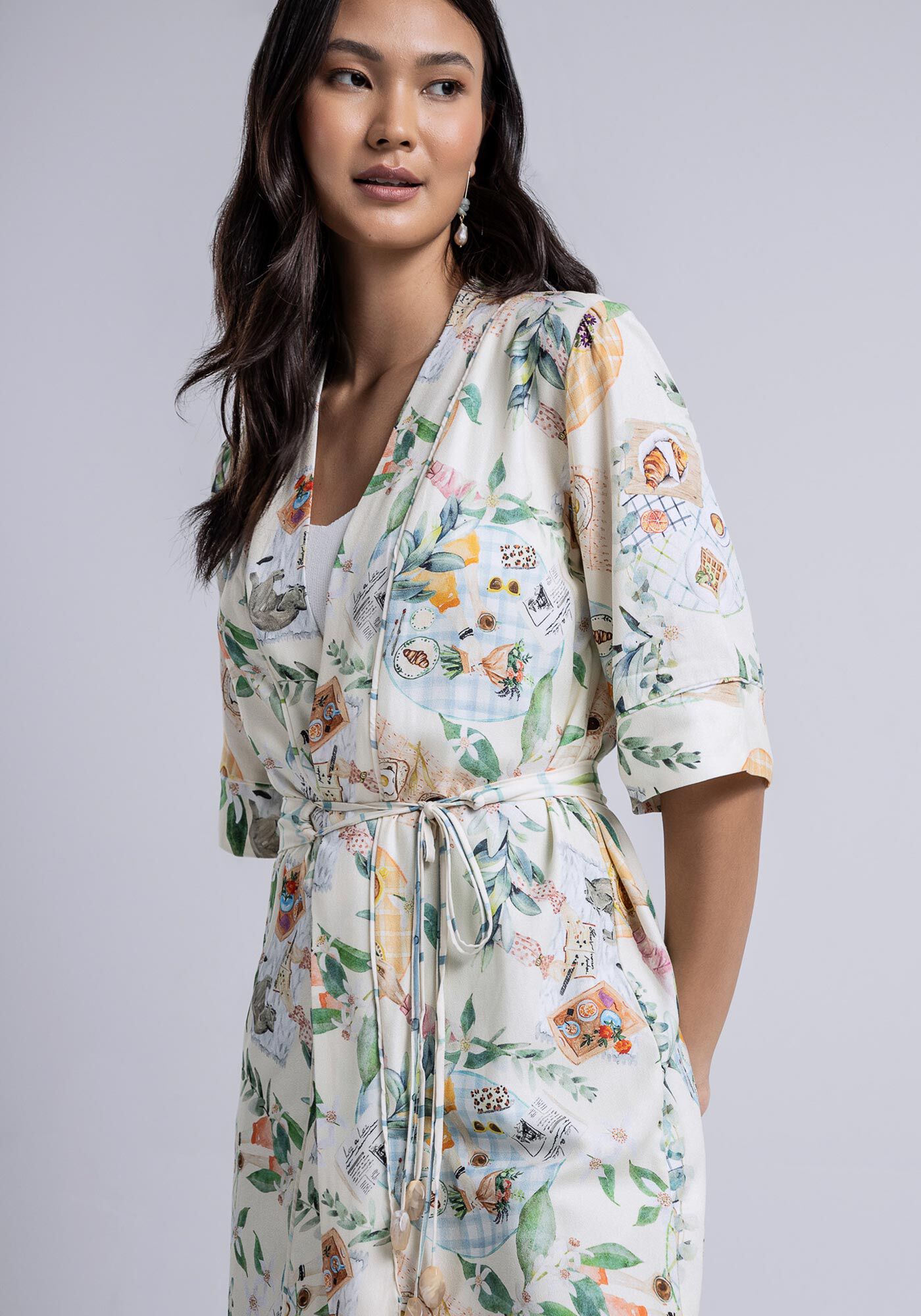 Kimono Alongado em Crepe com Cinto, , large.