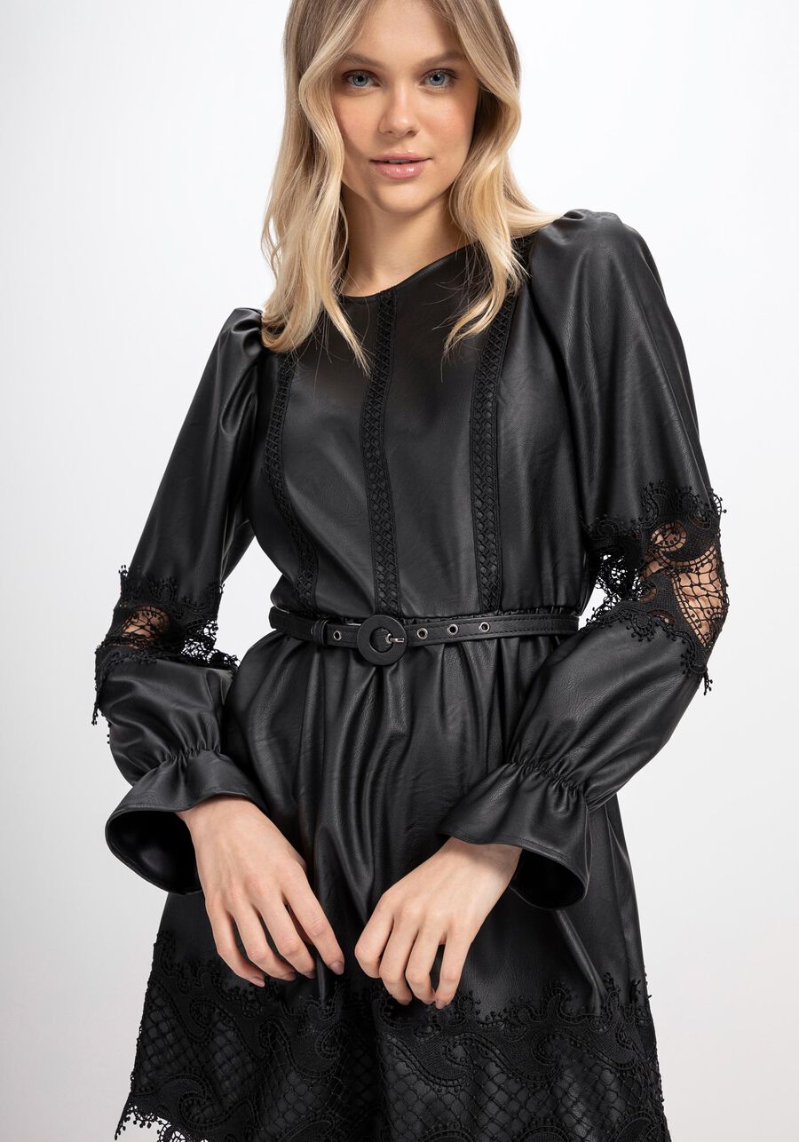 Vestido Curto com Manga Bufante e Renda com Cinto, . Vestido Curto com Manga Bufante e Renda com Cinto, , large.