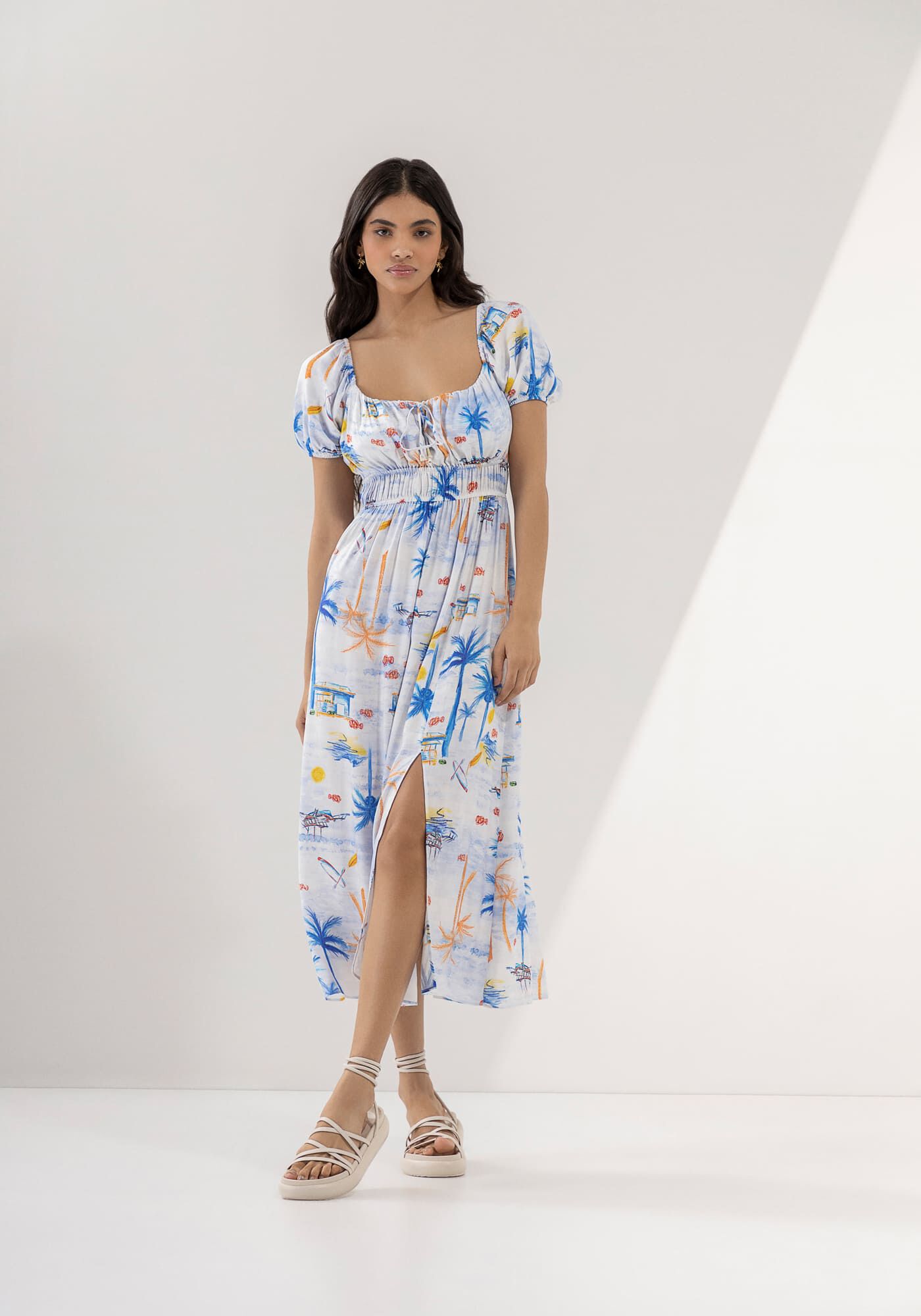 Vestido Midi Estampado em Viscose com Franzido, , large.