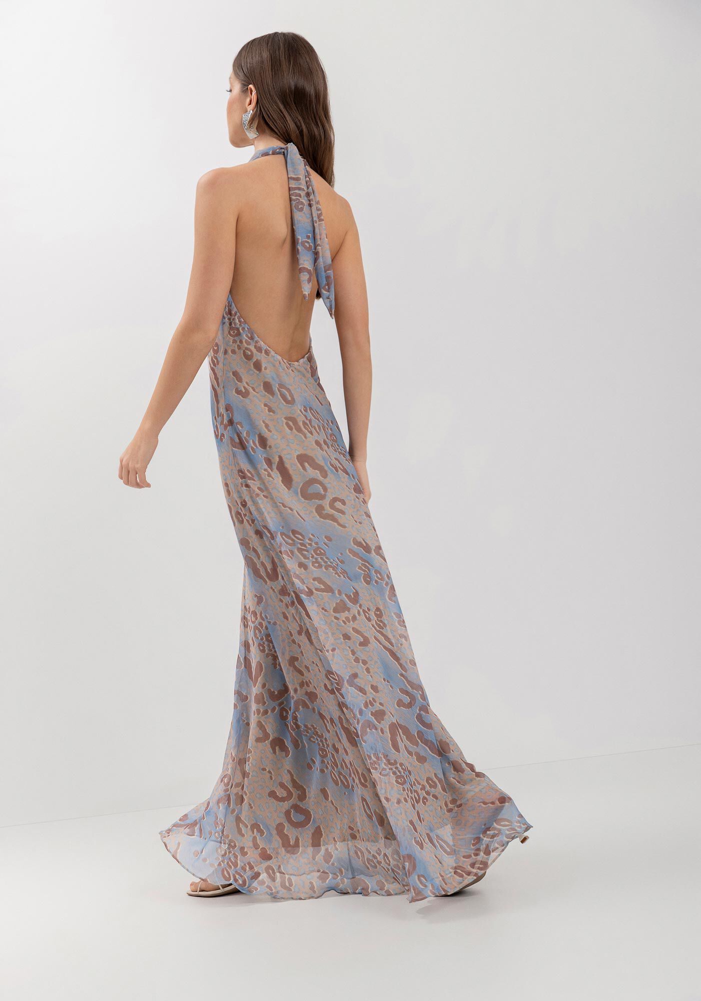 Vestido Longo Estampado Com Gola Degag&ecirc; E Amarra&ccedil;&atilde;o, , large.