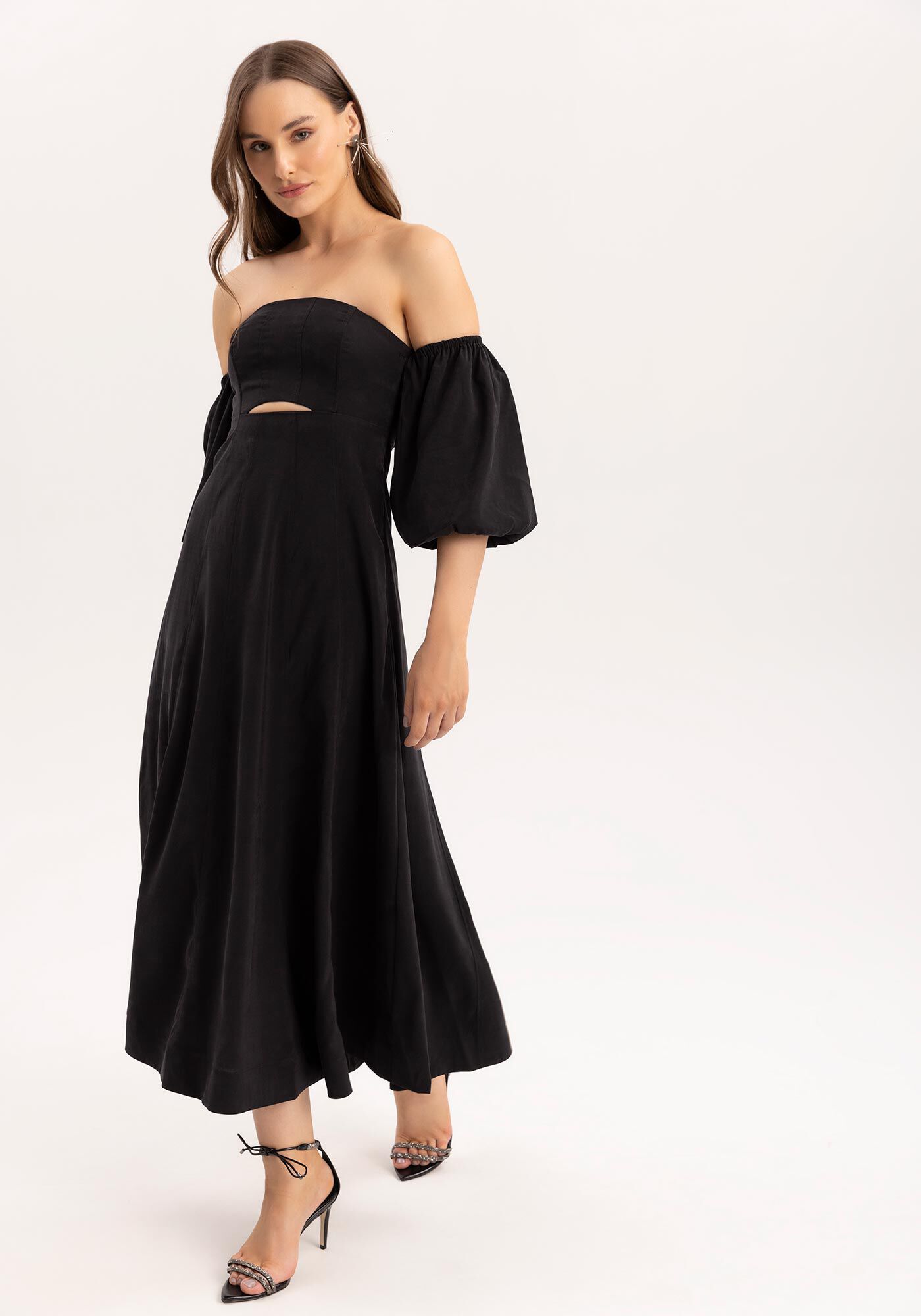 Vestido Midi Ombro a Ombro com Manga Bufante, , large.