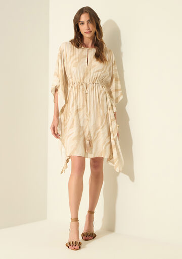 Vestido Curto Estampado Com Amarração E Mangas Amplas, NATURAL BEGE. Vestido Curto Estampado Com Amarração E Mangas Amplas, NATURAL BEGE, large.