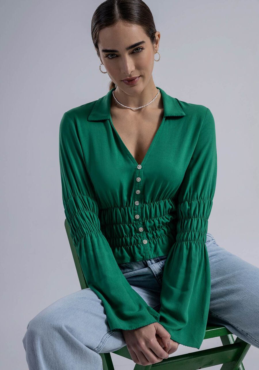 Blusa Manga Longa em Viscose com Franzidos, . Blusa Manga Longa em Viscose com Franzidos, , large.