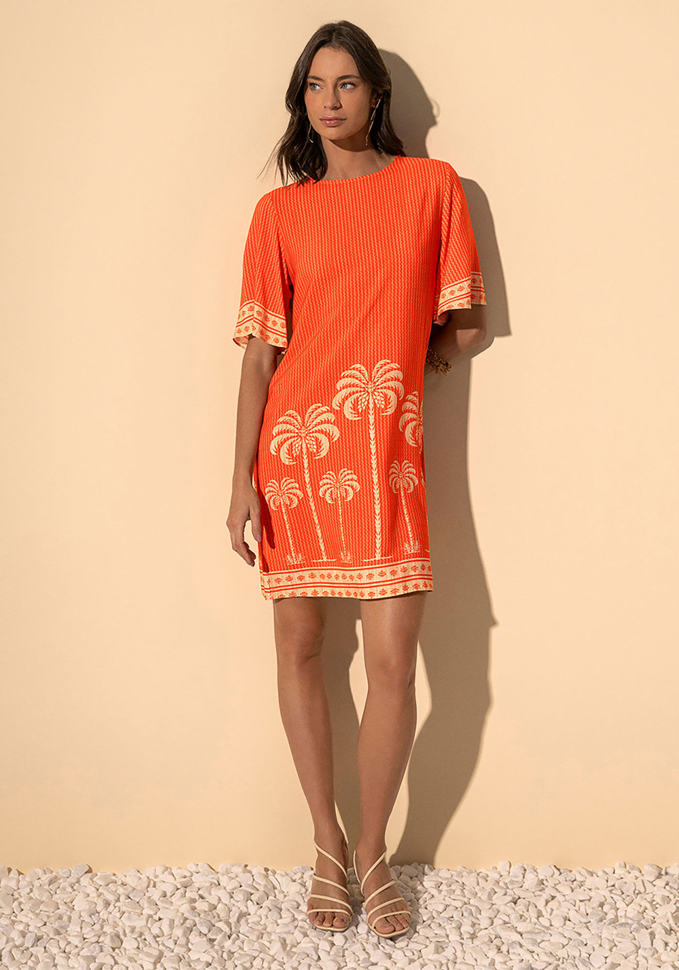 Vestido Estampado Com Mangas Curtas E Decote Redondo, MAXI PALM LARANJA, large.