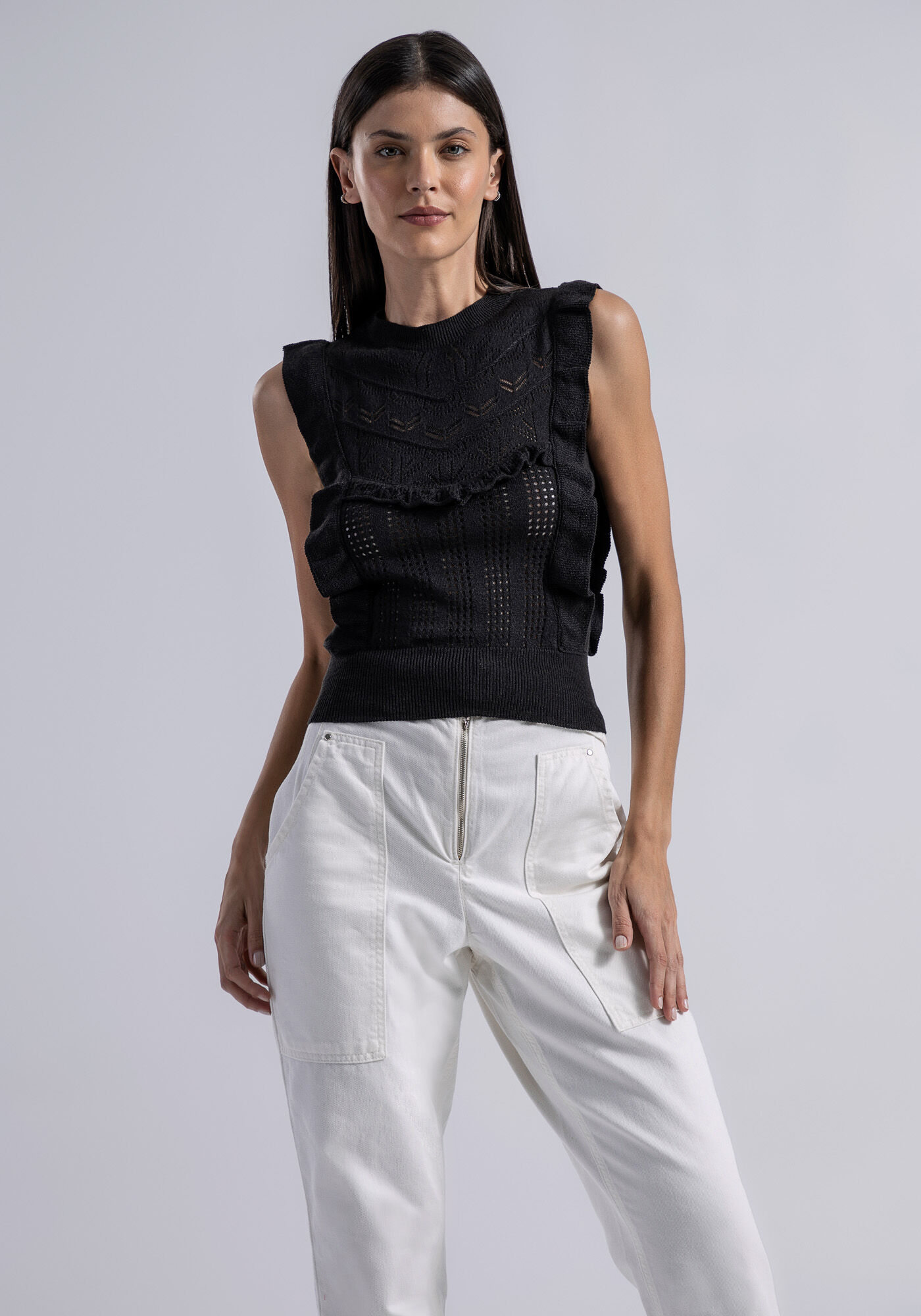 Blusa sem Mangas em Tric&ocirc; com Babados, , large.