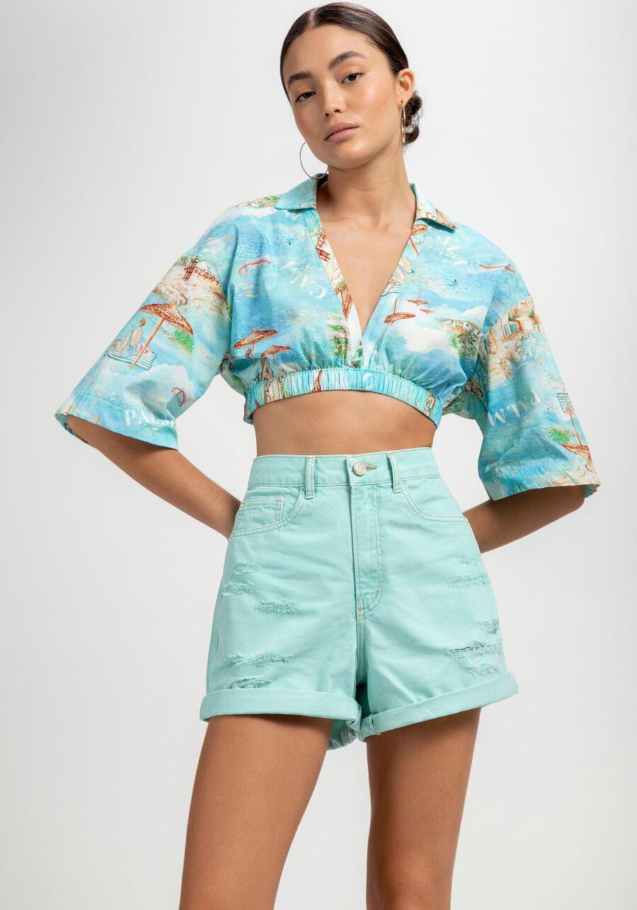 Shorts Sarja Mom com Cintura Super Alta, AZUL ACQUA MARE. Shorts Sarja Mom com Cintura Super Alta, AZUL ACQUA MARE, large.