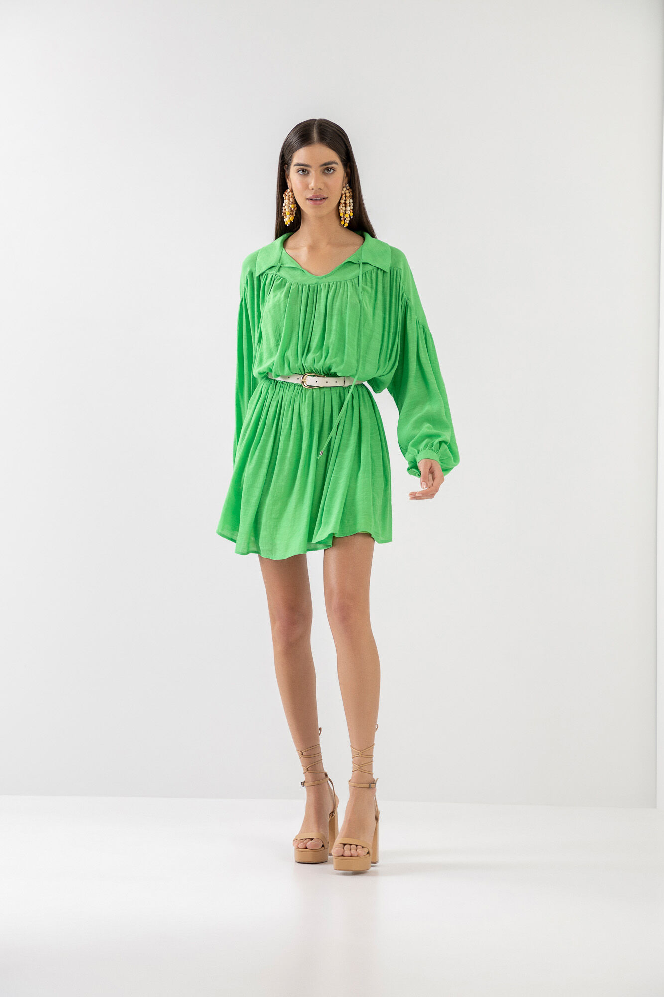 Vestido Curto Manga Longa com Franzido, VERDE GREEN FLAG, large.