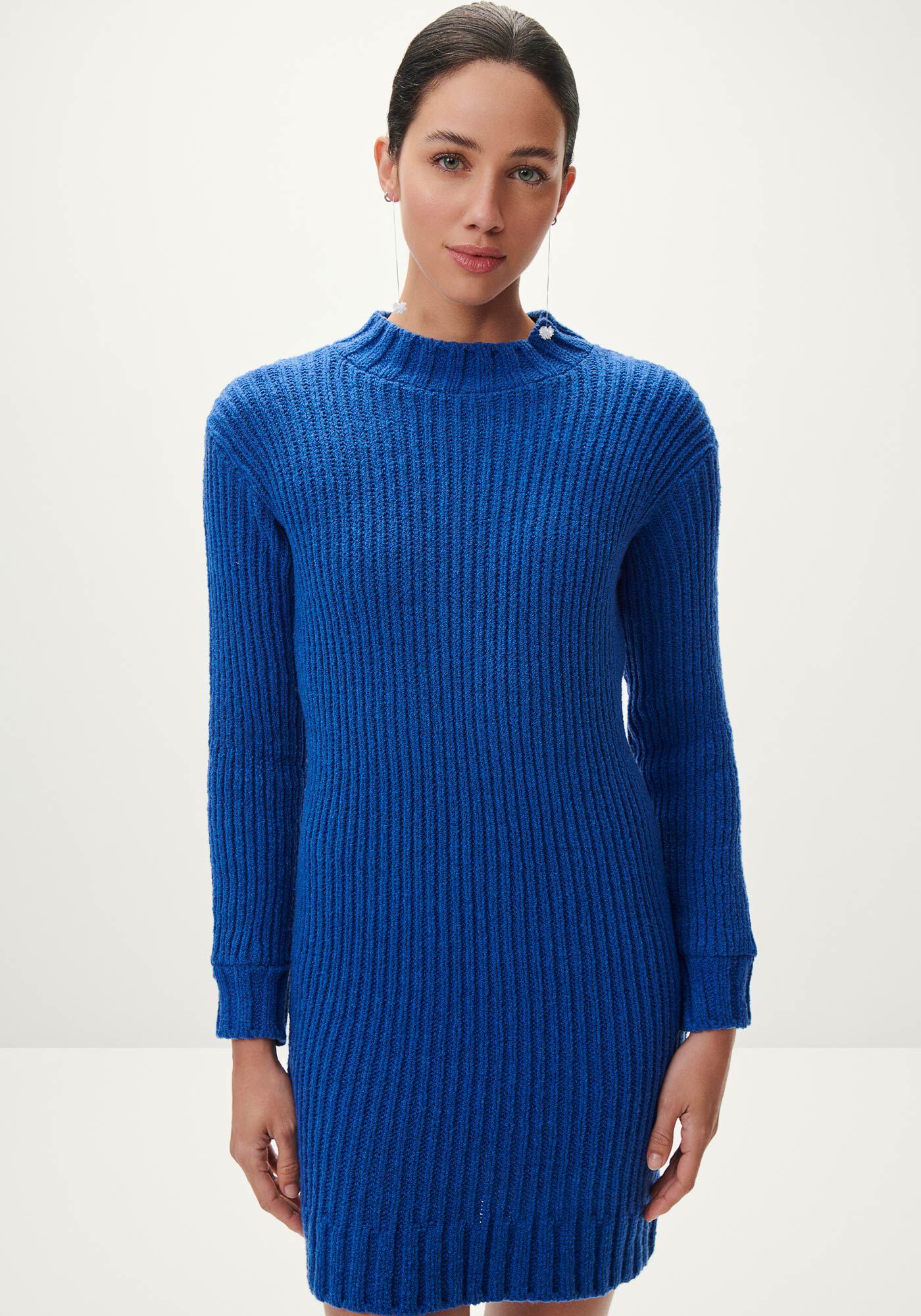 Vestido Curto Manga Longa em Tric&ocirc; Canelado, , large.