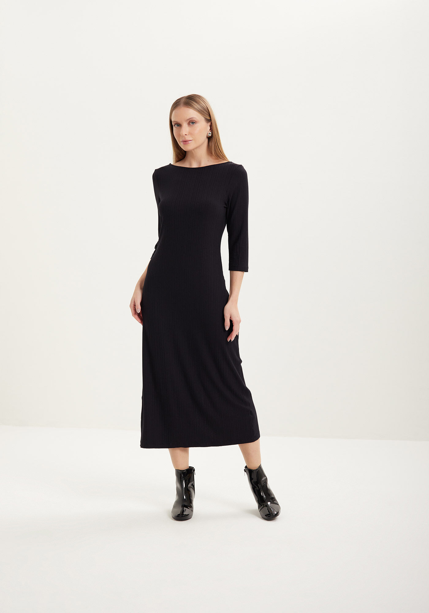 Vestido Midi Em Malha Canelada Com Fenda E Mangas M&eacute;dias, , large.