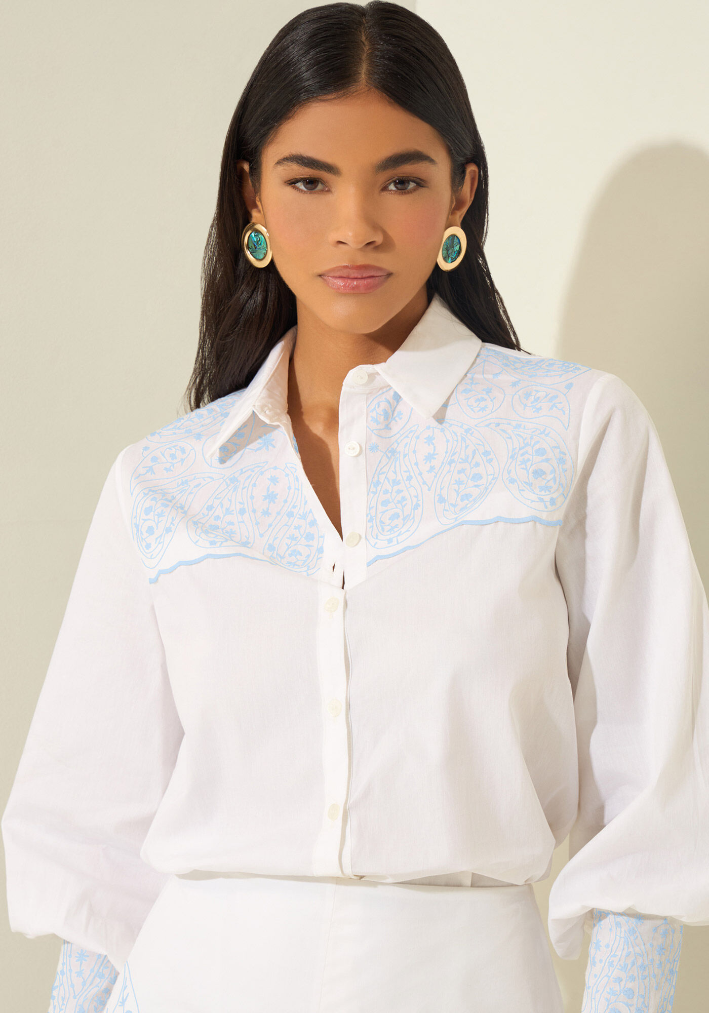 Camisa De Mangas Longas Com Bordados Em Tricoline, BRANCO, large.