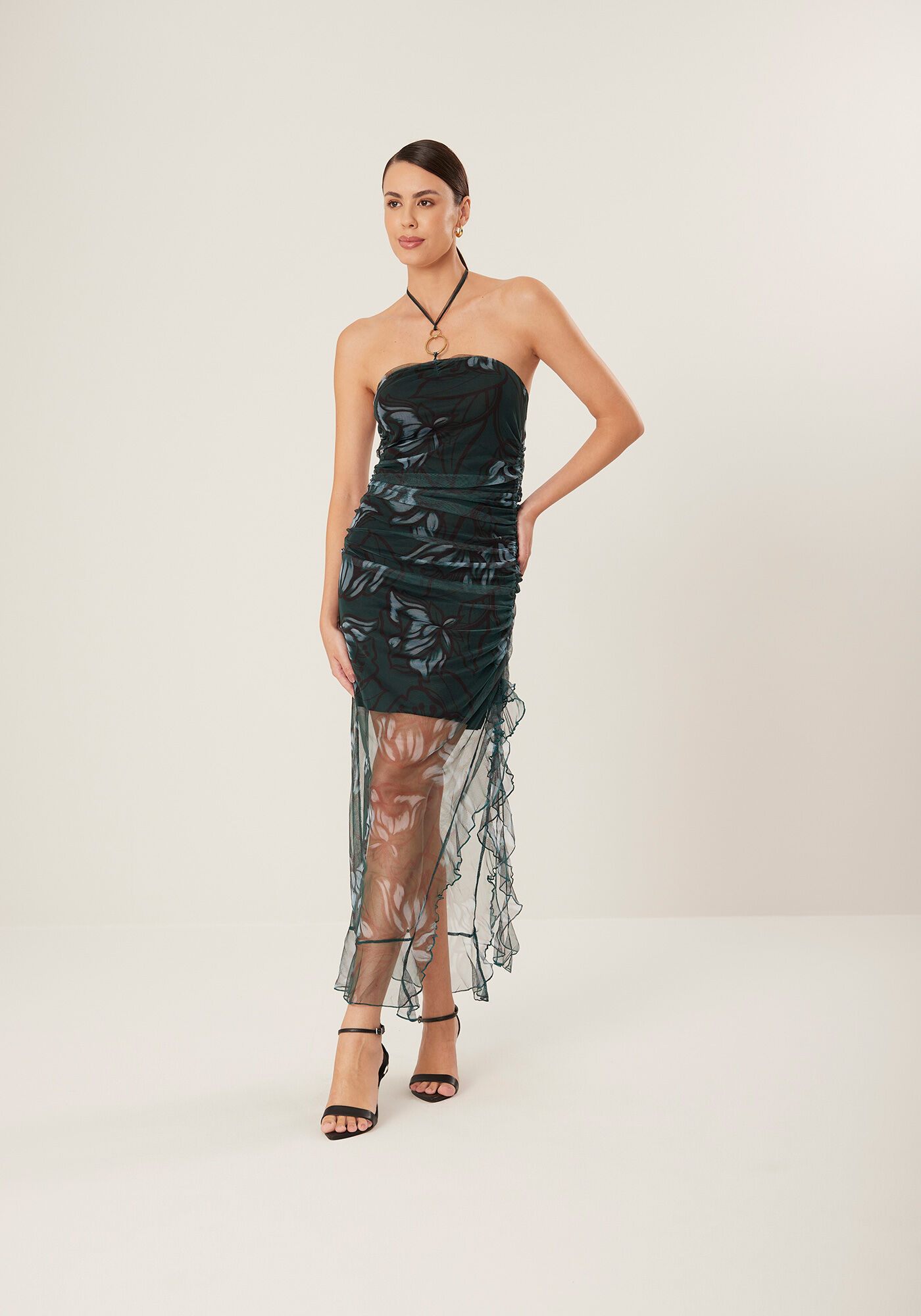 Vestido Longo Em Tule Estampado Com Aplique Metalizado, BELL FLOWERS VERDE, large.