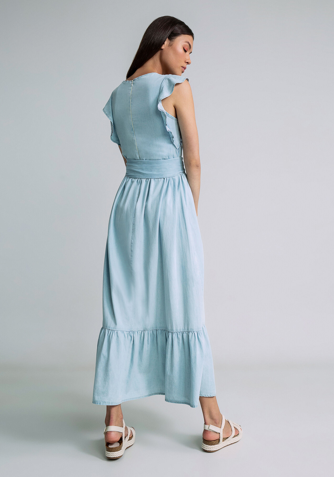 Vestido Midi Babados Cinto, JEANS, large.