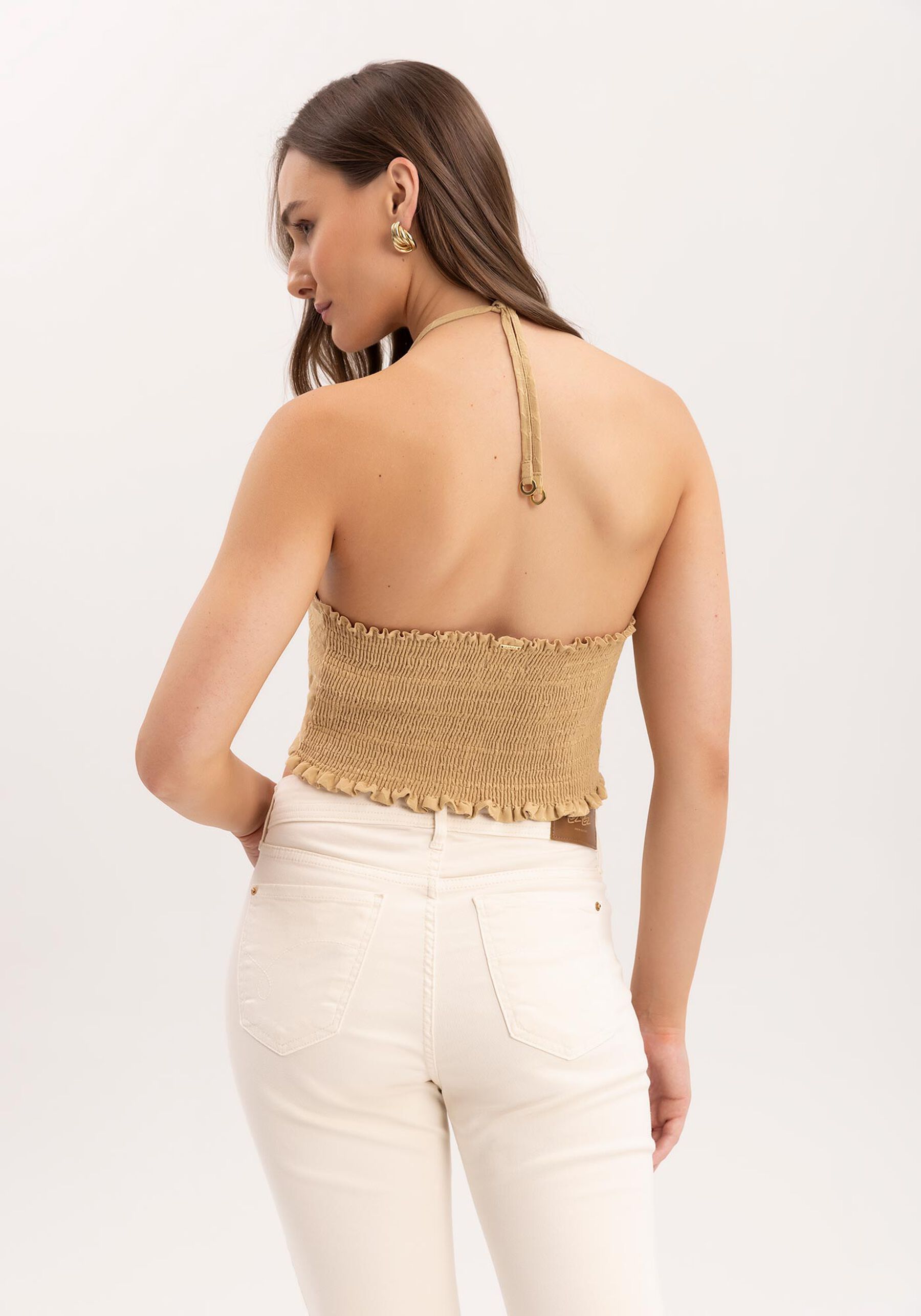 Blusa Cropped Frente Única com Franzido, BEGE BIRCH. Blusa Cropped Frente Única com Franzido, BEGE BIRCH, large.