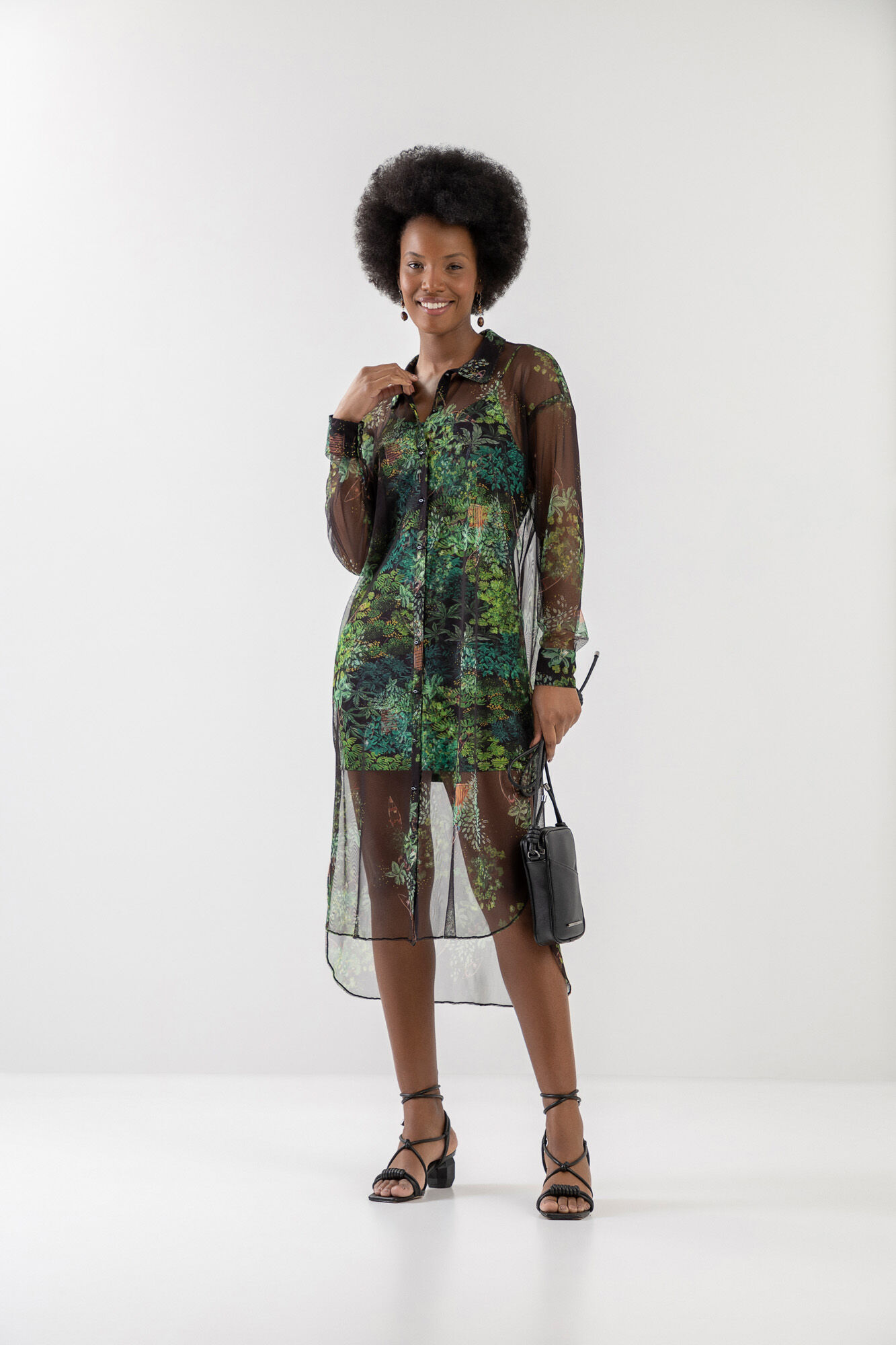 Vestido Chemise Midi em Tule Estampado com Forro Lez a Lez