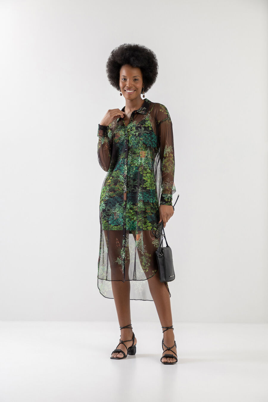 Vestido Chemise Midi em Tule Estampado com Forro, . Vestido Chemise Midi em Tule Estampado com Forro, , large.