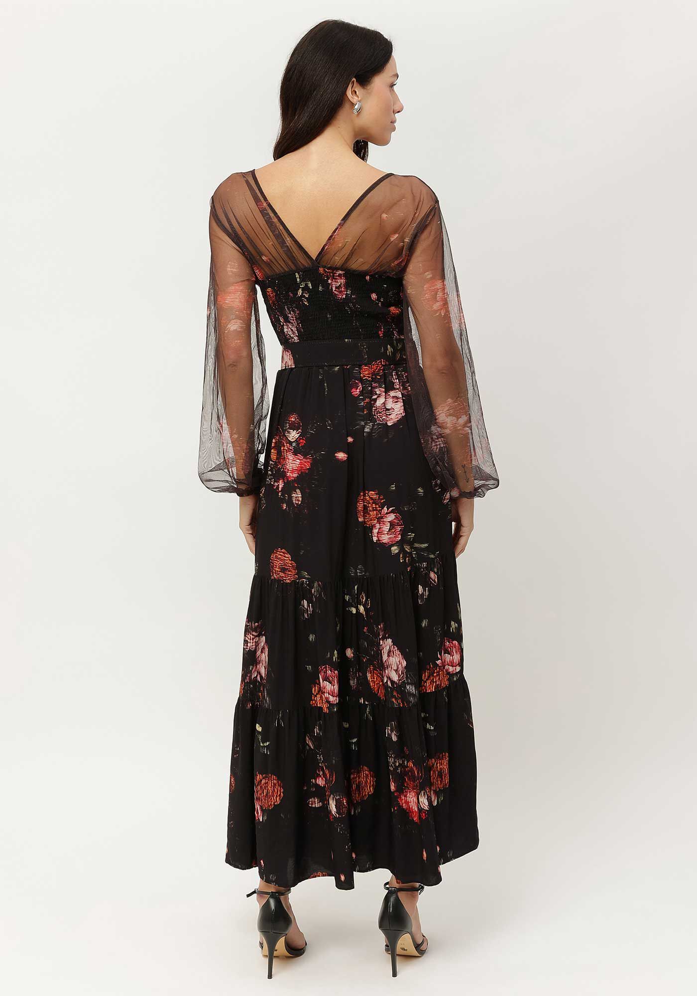 Vestido Midi com Manga em Tule e Cinto, , large.