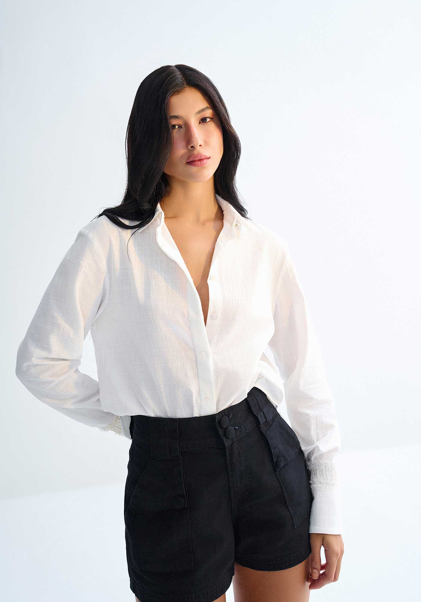 Camisa Alfaiataria em Cotton Rustic com Detalhe Manga, , large.