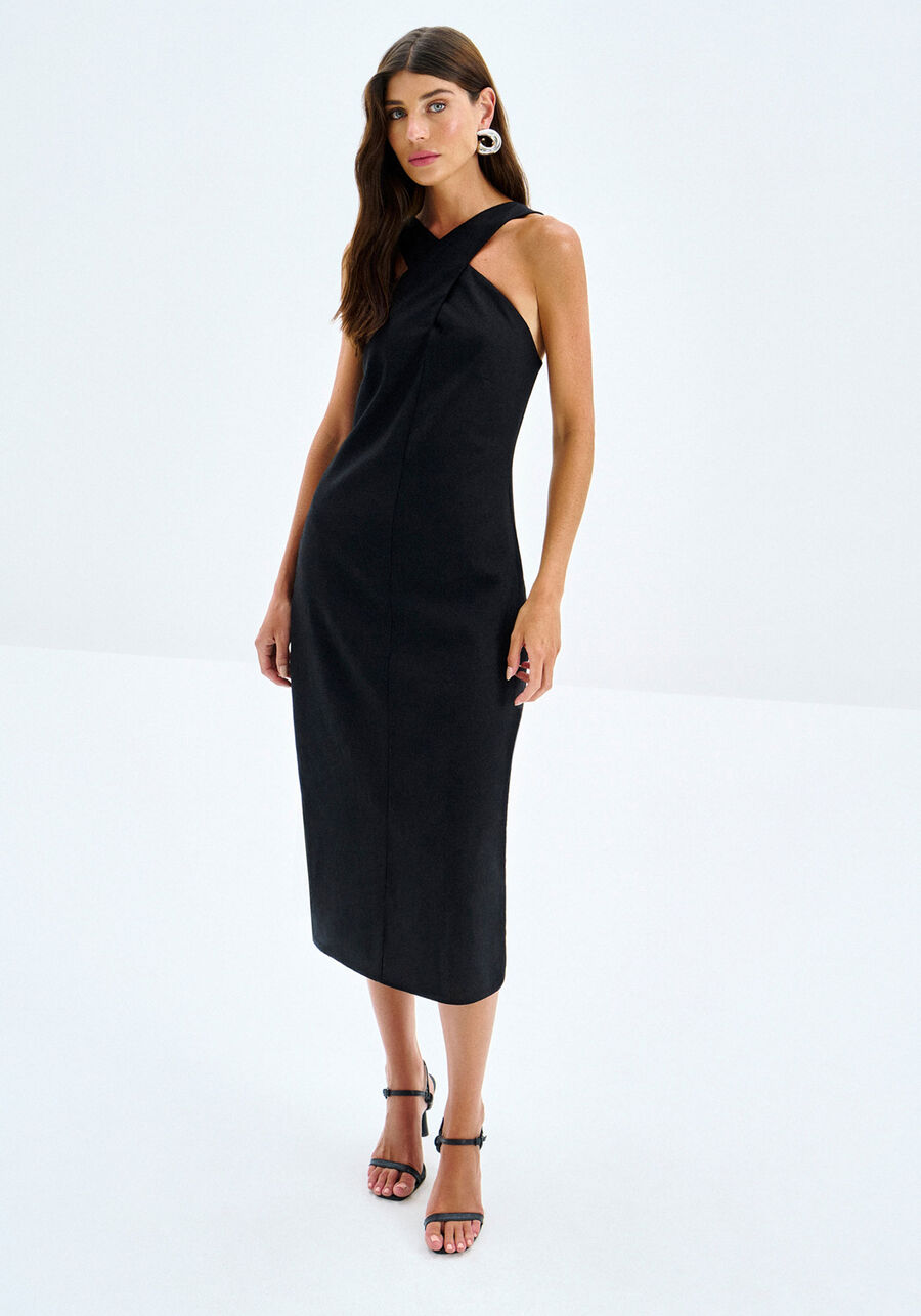 Vestido Midi em Linho com Decote Cross Neck, . Vestido Midi em Linho com Decote Cross Neck, , large.