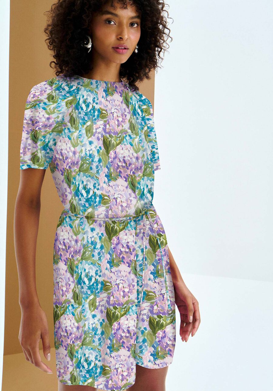 Vestido Curto Estampado em Viscose com Cinto, HORTENCIAS. Vestido Curto Estampado em Viscose com Cinto, HORTENCIAS, large.