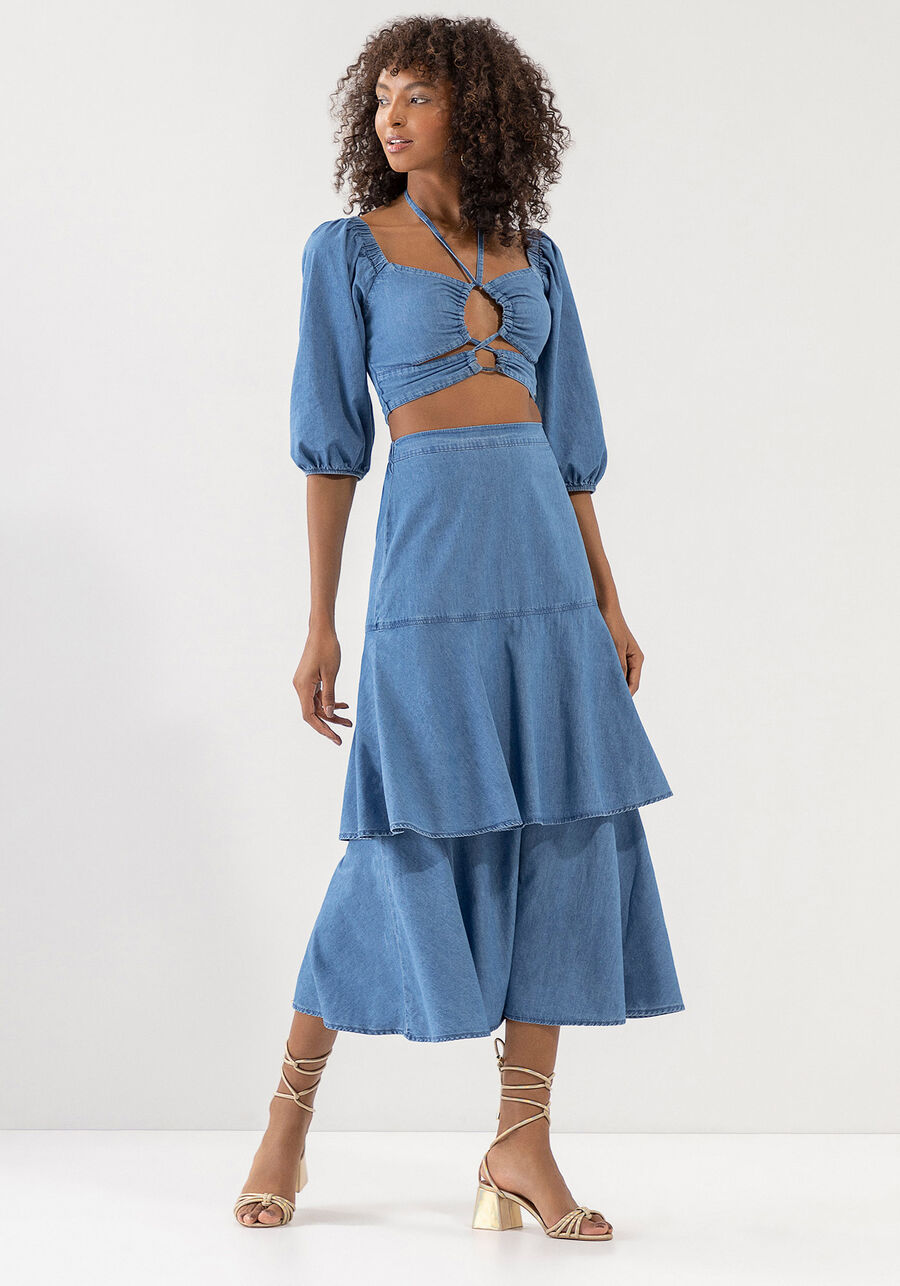 Saia Jeans Midi Cintura Alta com Babados, JEANS. Saia Jeans Midi Cintura Alta com Babados, JEANS, large.