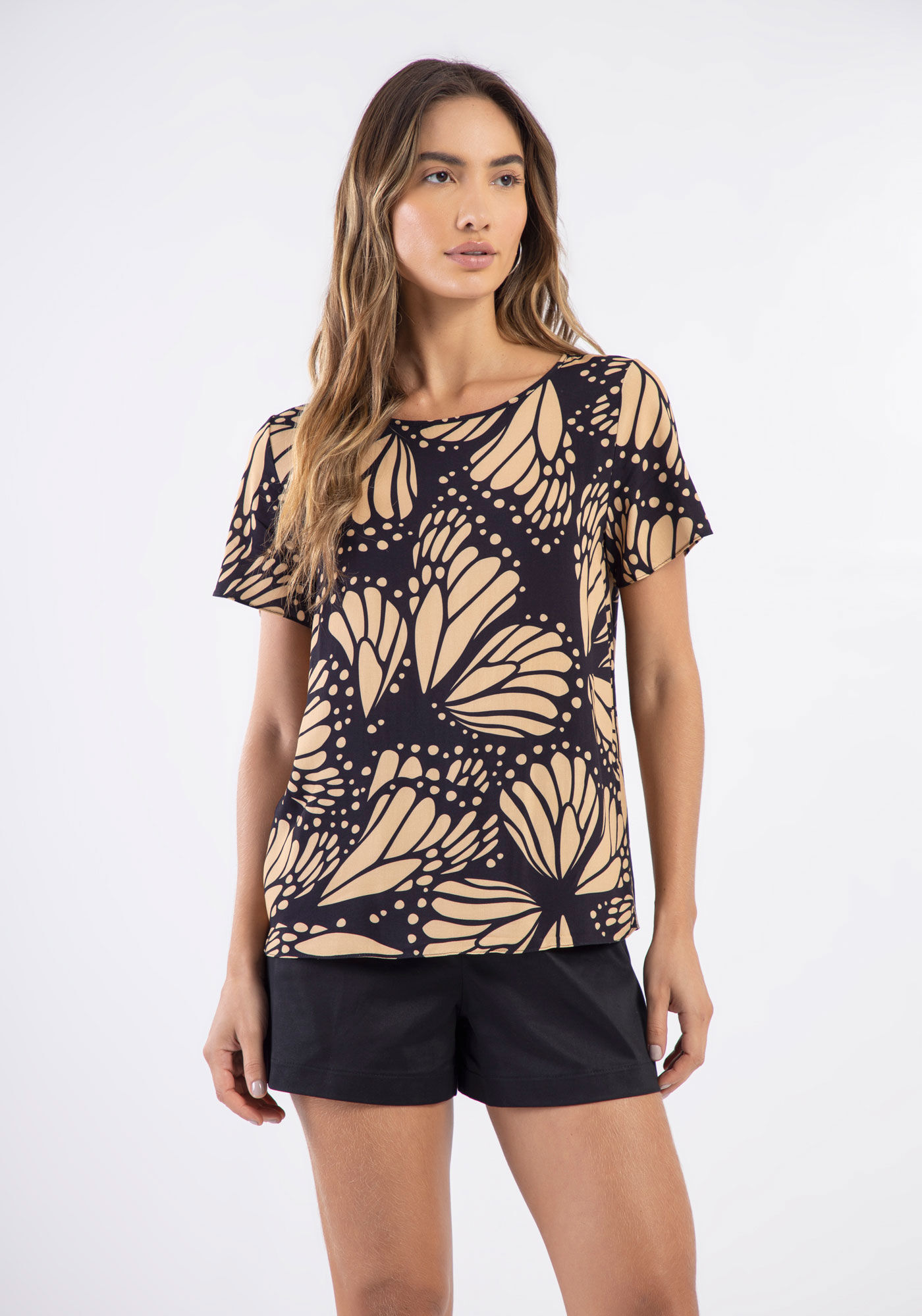 Blusa Manga Curta em Tecido Plano Estampada, , large.