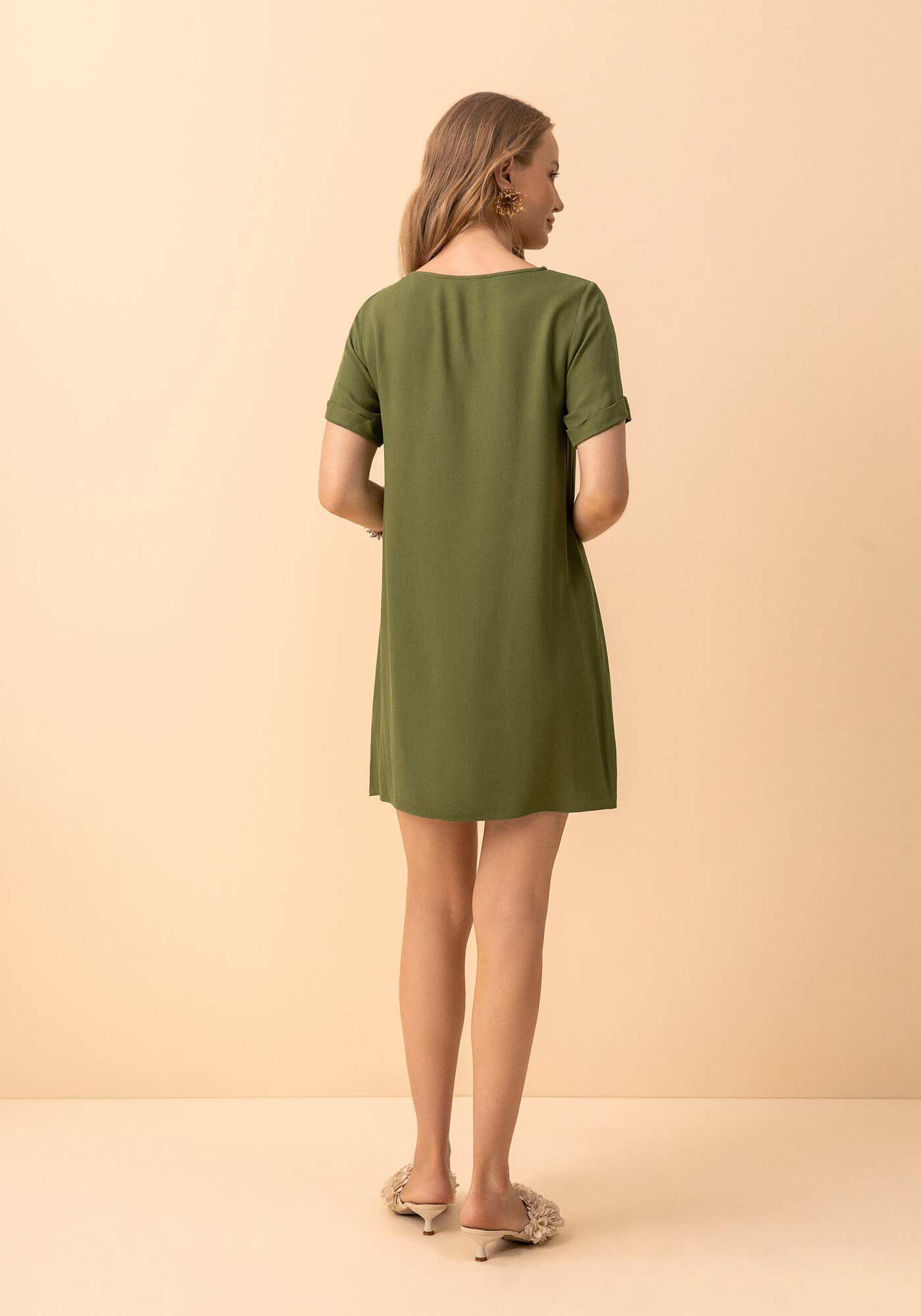 Vestido Curto B&aacute;sico De Mangas Curtas Com Bordado Localizado, VERDE FLORENA, large.