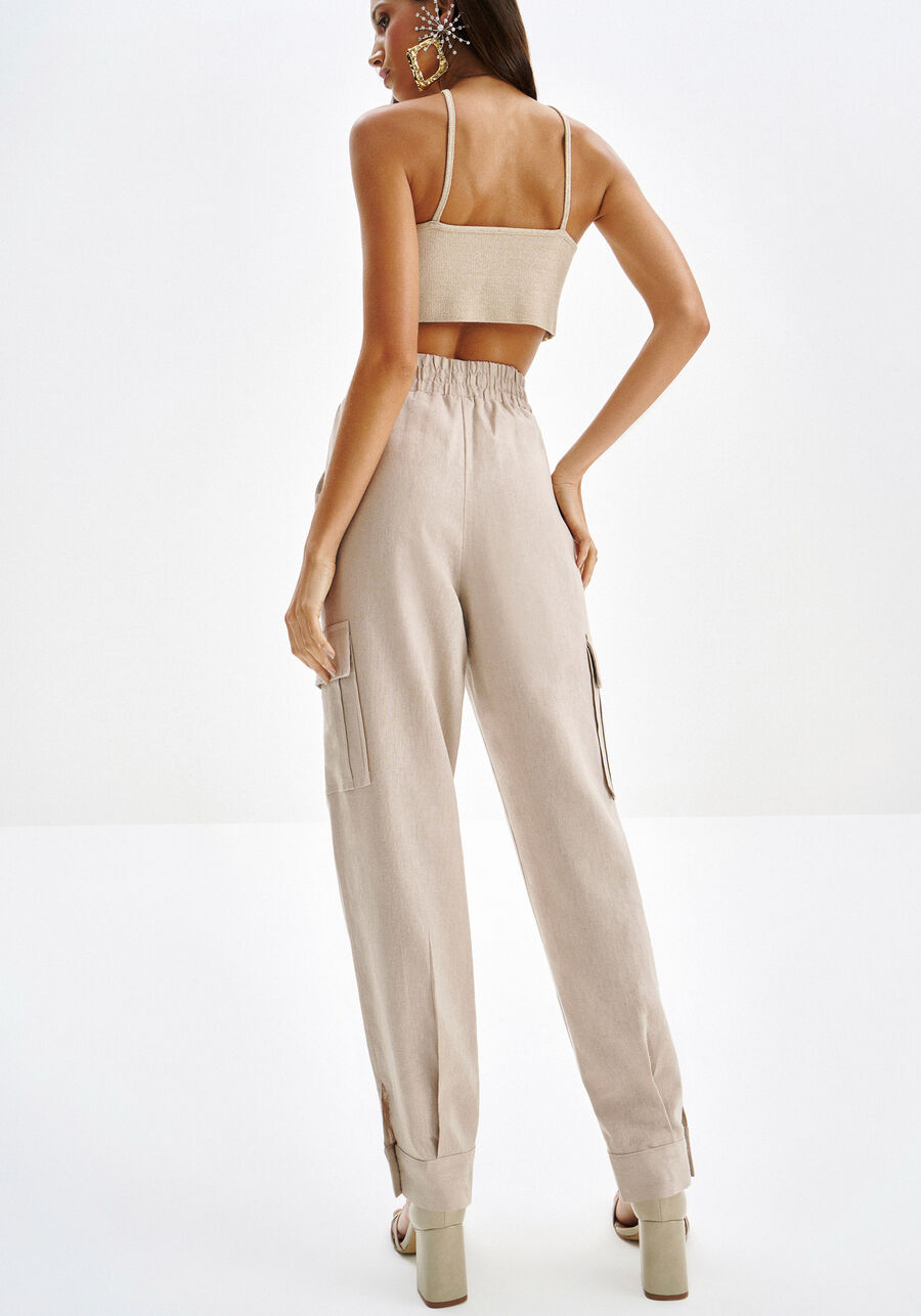 Calça Jogger em Linho com Bolso Cargo, BEGE CAQUI. Calça Jogger em Linho com Bolso Cargo, BEGE CAQUI, large.