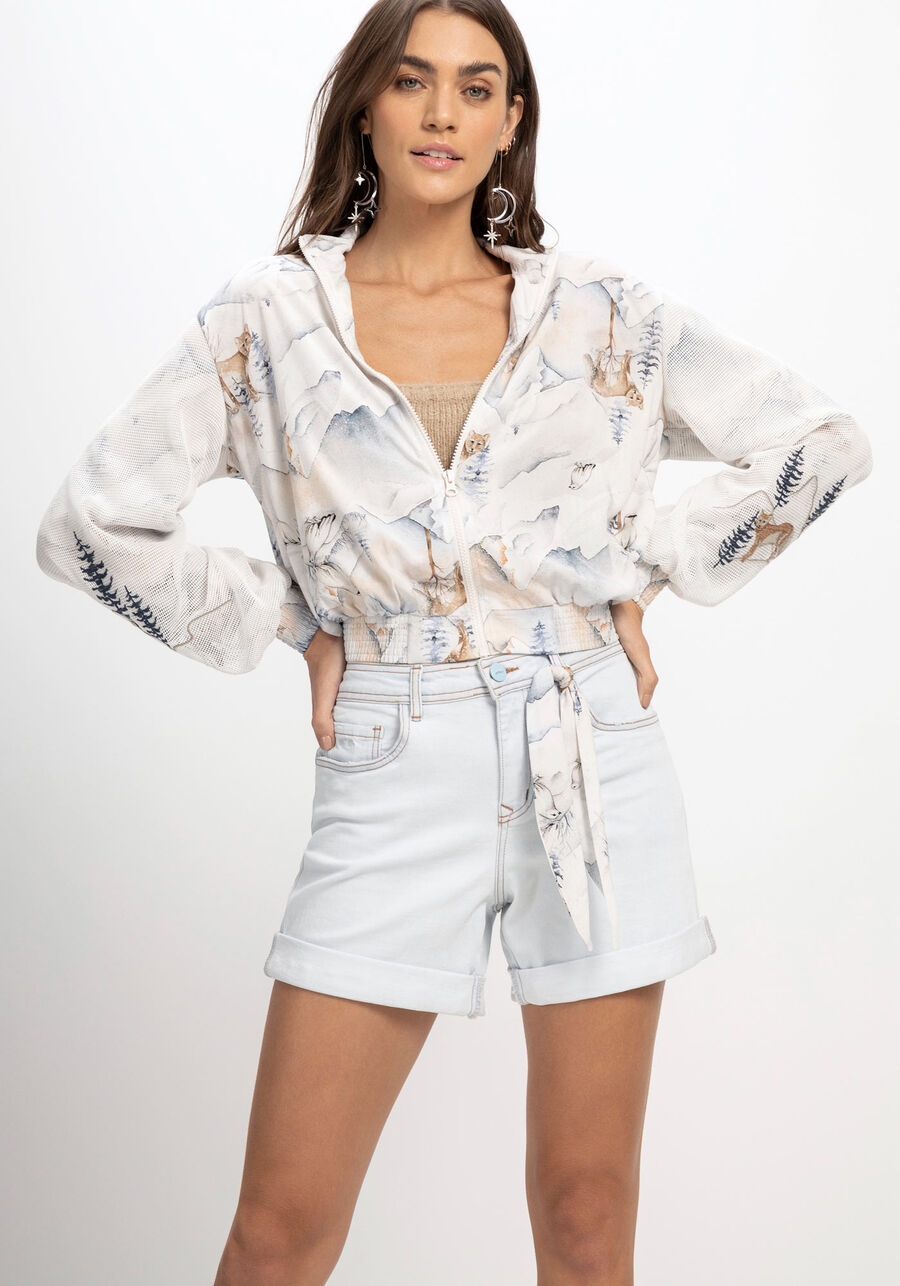 Bermuda Jeans Boyfriend com Lenço Estampado, JEANS. Bermuda Jeans Boyfriend com Lenço Estampado, JEANS, large.