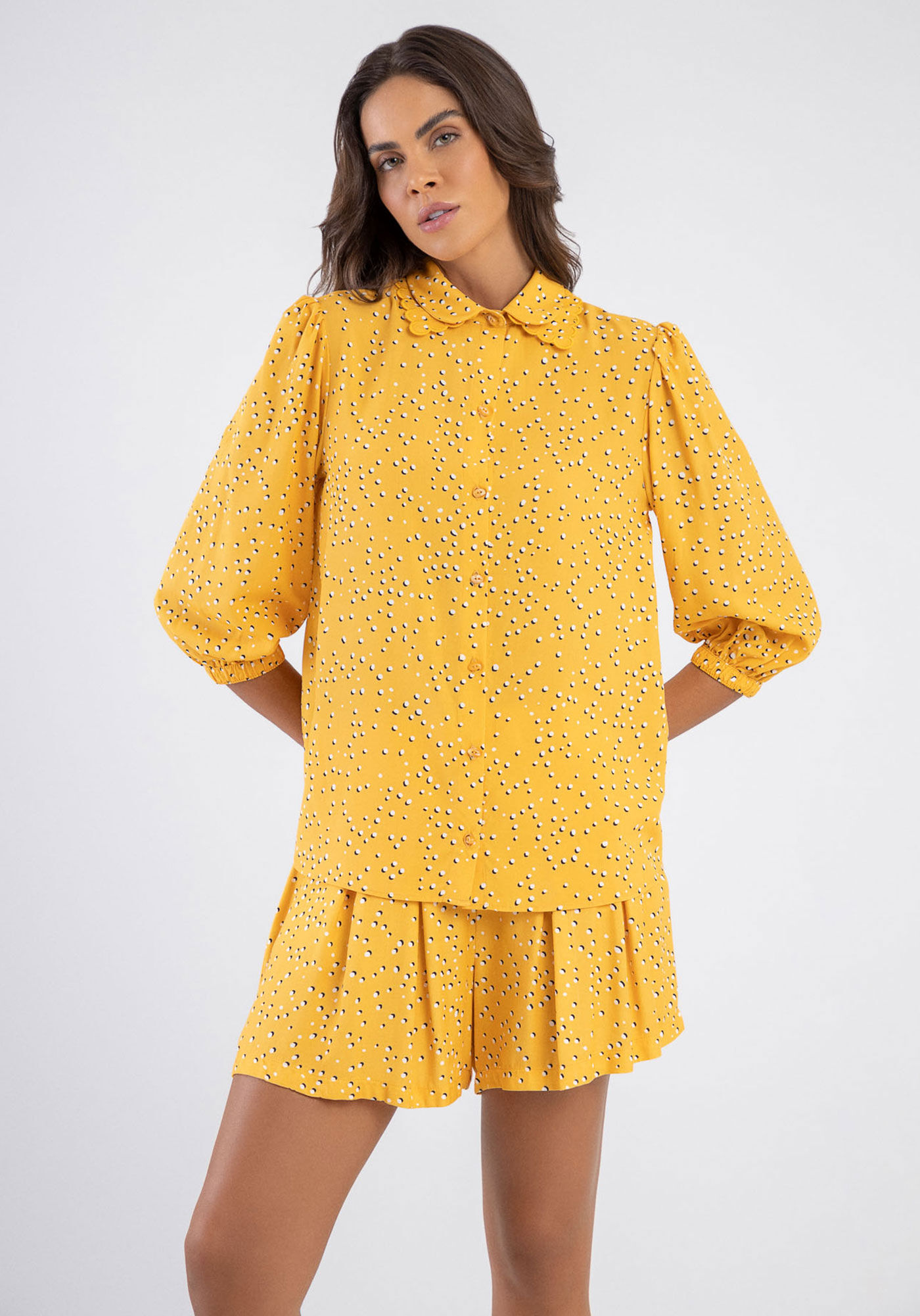 Camisa Manga 3/4 Bufante com Bordado Gola, , large.