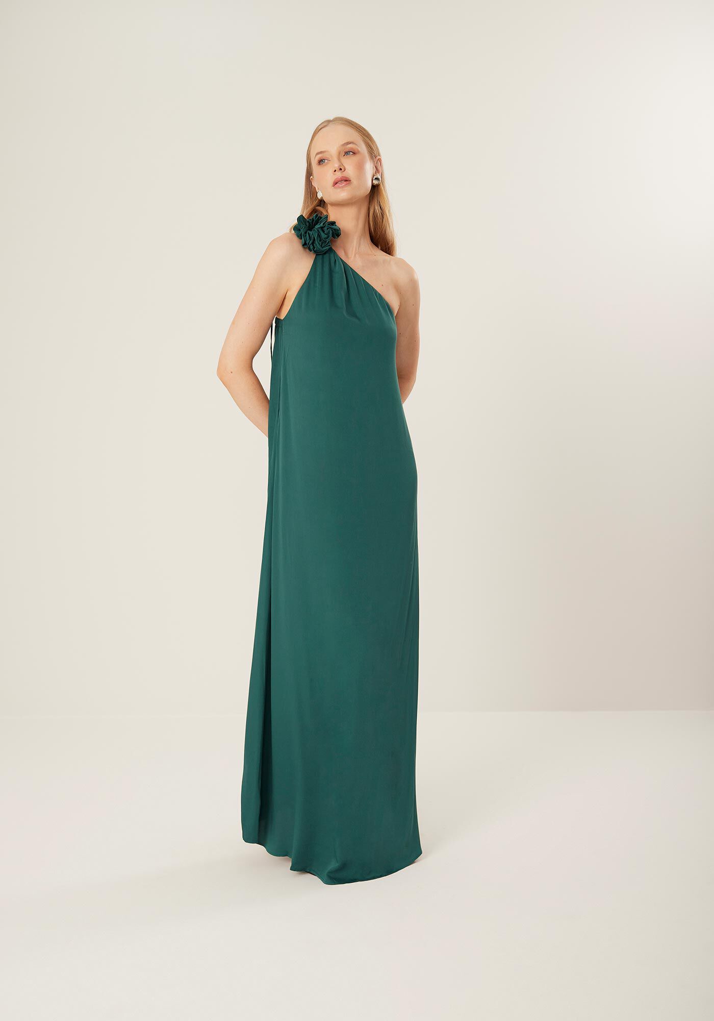 Vestido Longo De Um Ombro S&oacute; Em Viscose Com Flor Remov&iacute;vel, , large.