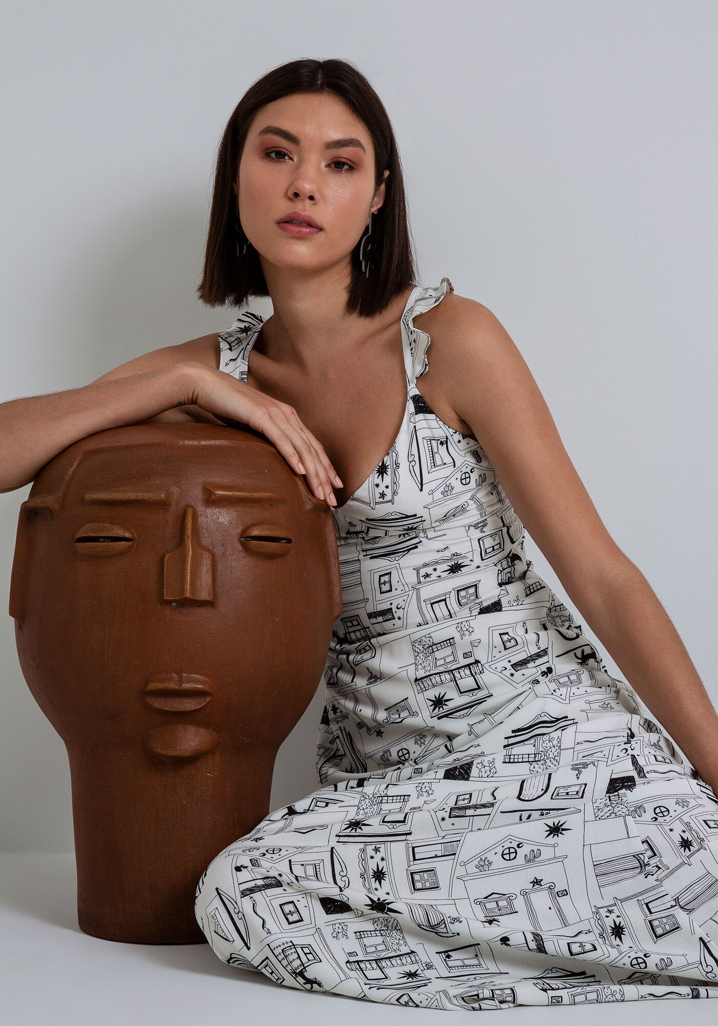 Vestido Longo em Viscose com Babado Al&ccedil;as, , large.