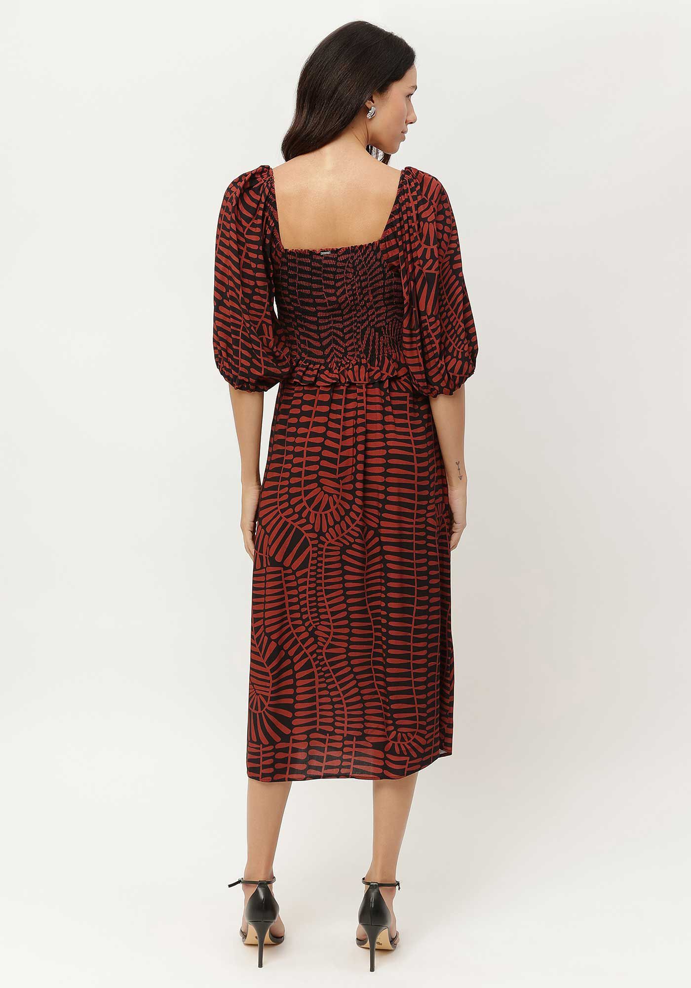 Vestido Midi Estampado com Manga Bufante e Fenda, , large.