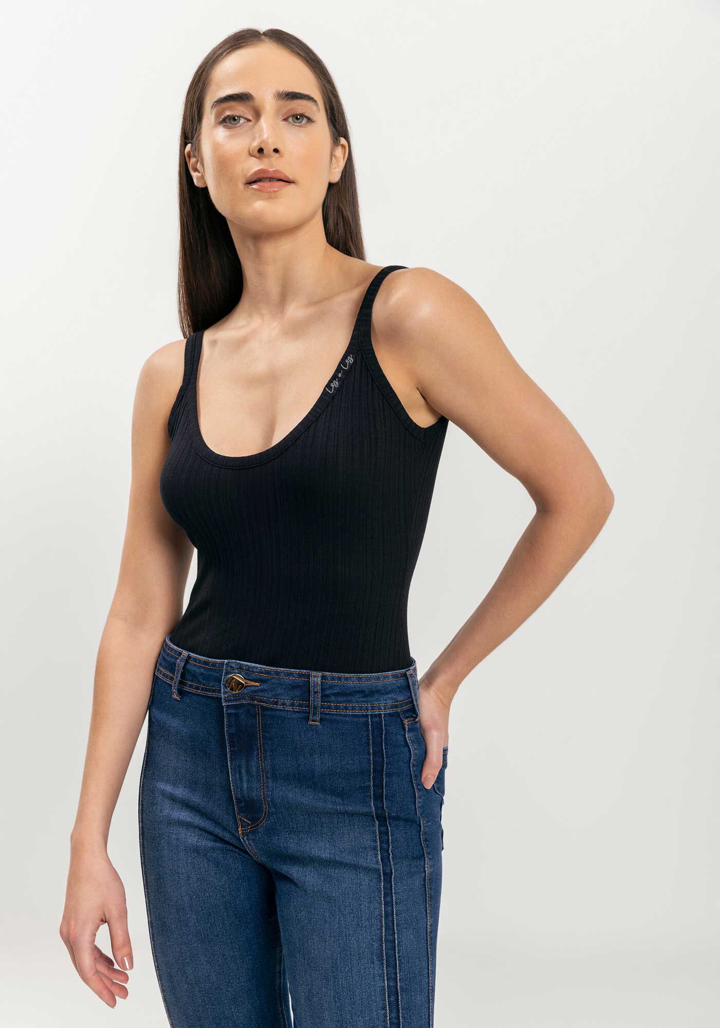 Blusa Regata B&aacute;sica De Al&ccedil;as Em Malha Canelada, PRETO, large.