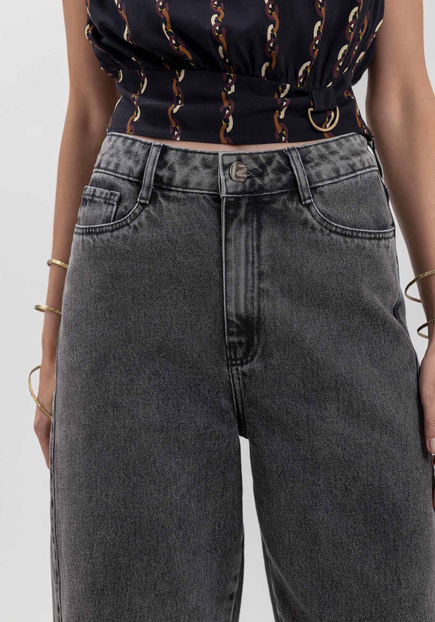 Cal&ccedil;a Jeans Barrel Cropped Com Cintura Alta E Passantes, , large.