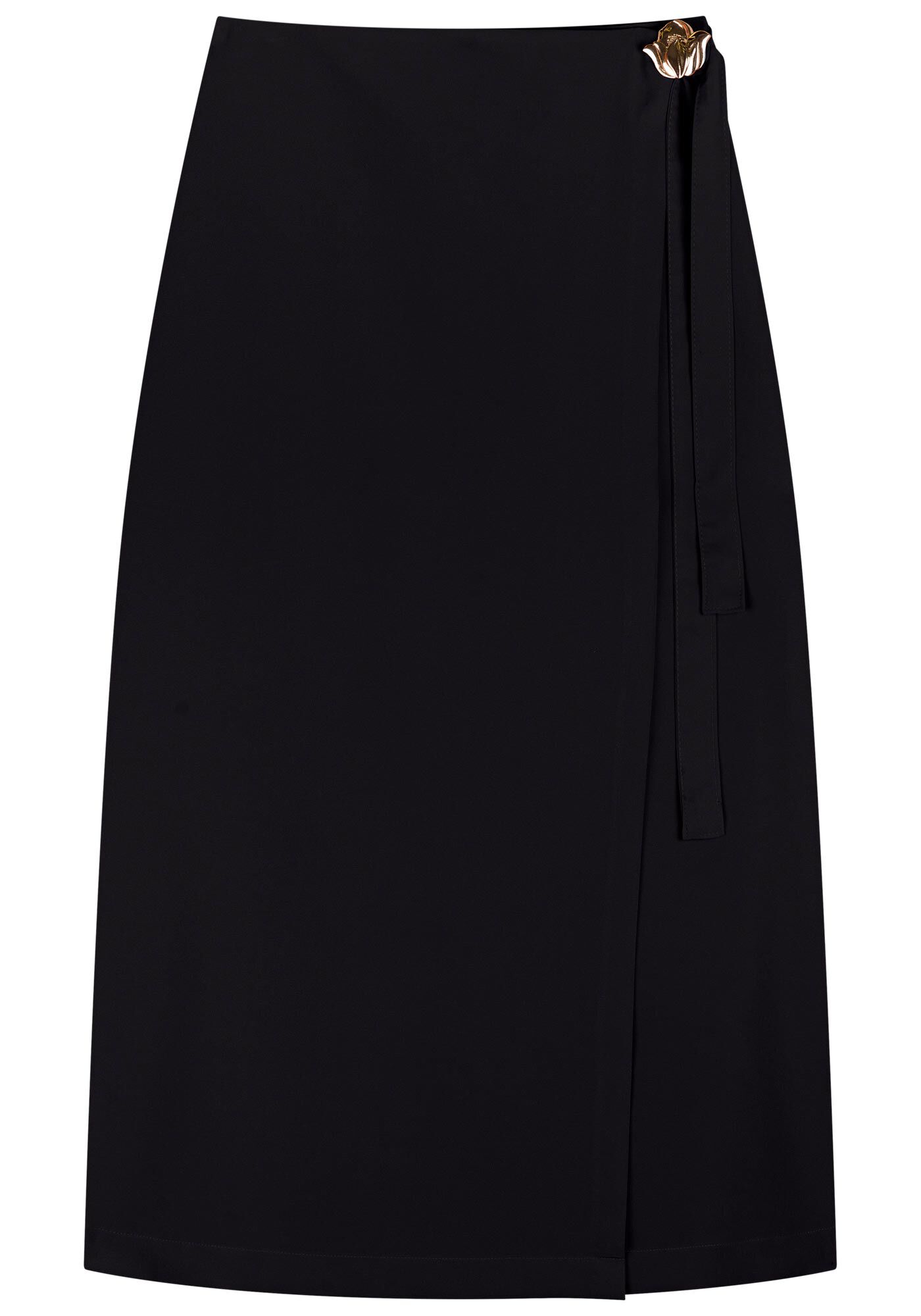 Saia Midi Ch&aacute; Com Amarra&ccedil;&atilde;o E Aplique Metalizado, PRETO, large.