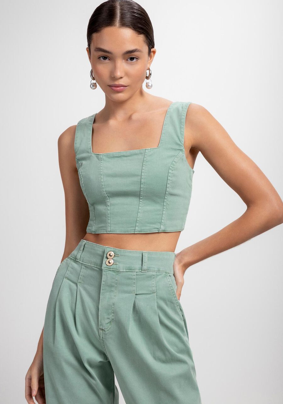 Blusa Sarja Cropped Corset com Decote Quadrado, VERDE LODEN FROST. Blusa Sarja Cropped Corset com Decote Quadrado, VERDE LODEN FROST, large.